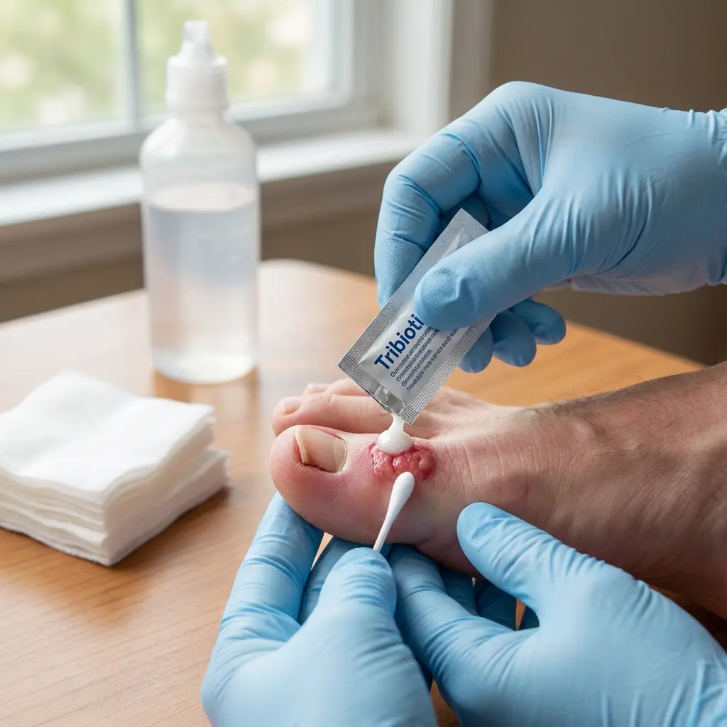 This detailed image captures a close-up scene of wound care being administered to a person's foot. A person wearing light blue medical gloves is seen applying a white topical cream from a small silver packet, labeled "Tribioti," directly onto a prominent, red, and possibly inflamed lesion or wound located on the top of the foot near the great toe. Concurrently, another gloved hand uses a white cotton swab to gently spread or manage the application of the ointment. In the background, a stack of white gauze pads or medical wipes and a clear plastic squeeze bottle containing a clear liquid, likely an antiseptic or saline solution, are visible on a wooden table, suggesting a sterile or home care environment for treatment. The overall scene emphasizes careful and hygienic wound management.

Keywords:
Wound care, foot, topical ointment, medical gloves, medication application, skin lesion, infection treatment, Tribioti, cream, cotton swab, gauze pads, antiseptic bottle, home care, hygiene, inflamed skin, great toe, health, wound management.