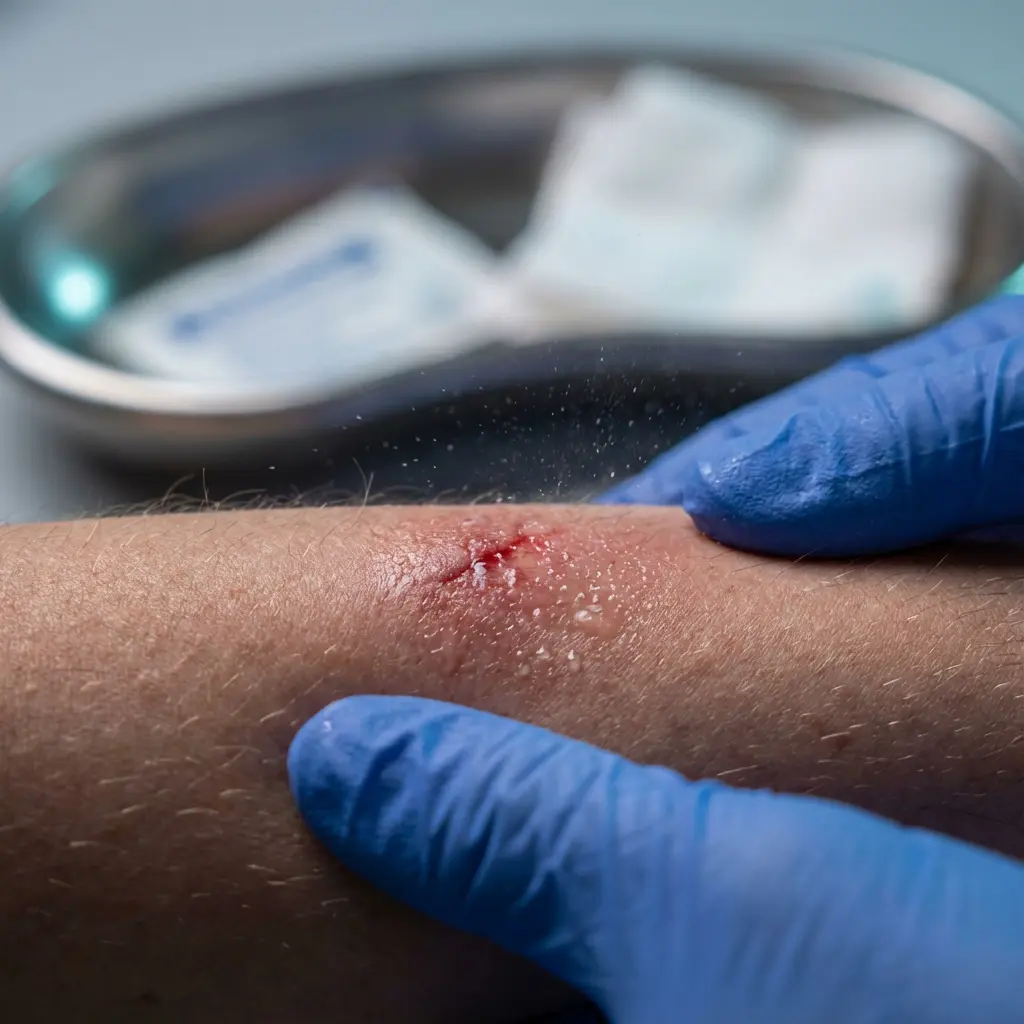 This close-up image depicts a human forearm with a fresh, red cut or laceration that is actively bleeding. A pair of hands, encased in bright blue medical gloves, are present in the frame; one gloved hand is positioned near the wound, while the other appears to be administering a liquid spray, likely an antiseptic or cleaning solution, onto the injury, causing small droplets to splash. In the blurred background, a metallic medical tray containing white gauze pads and possibly sterile packets can be seen, indicating a medical or first aid context for wound treatment.

Keywords: Wound, cut, laceration, forearm, arm, bleeding, blood, medical gloves, blue gloves, antiseptic, cleaning, first aid, medical treatment, injury, healthcare, droplets, splash, gauze, sterile, clinic.