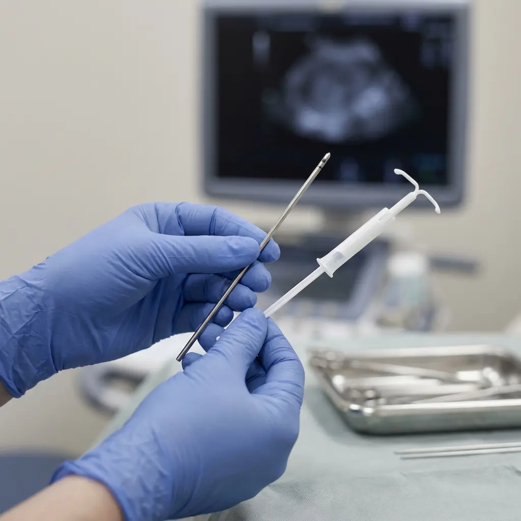 The image displays a close-up of a healthcare professional's gloved hands preparing medical instruments in what appears to be a clinical setting. The hands, clad in blue medical gloves, are holding a slender silver-colored metal instrument (possibly a uterine sound or introducer) in the left hand, and a white, T-shaped intrauterine device (IUD) within its inserter tube in the right hand. In the softly blurred background, a medical monitor shows an ultrasound image, suggesting a gynecological or obstetrical context, while a sterile surgical tray with other instruments is visible on a draped surface to the right. The scene strongly suggests preparation for the insertion of an IUD, a common contraceptive procedure, emphasizing the medical and sterile environment.

Keywords: Medical, healthcare, IUD, intrauterine device, contraception, gynecological, ultrasound, medical gloves, sterile, instruments, clinic, doctor, nurse, patient care, reproductive health, procedure, insertion, medical equipment, examination room, long-acting reversible contraception.
