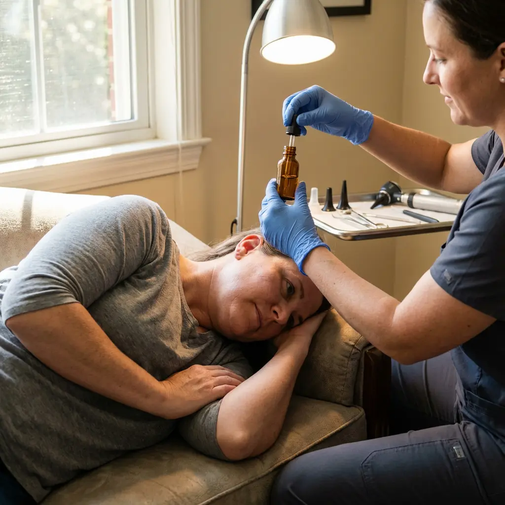 This image depicts a medical professional, wearing blue scrubs and gloves, administering ear drops to a patient. The patient is a woman lying comfortably on a sofa, with her head resting on a cushion, and appears to be receiving treatment for her ear. The healthcare professional carefully holds an amber dropper bottle, preparing to apply the liquid into the patient's ear canal. In the background, a medical tray with various instruments such as an otoscope, ear specula, and forceps is visible, alongside a task lamp providing additional light, and a window letting in natural light. The overall scene suggests a focused and gentle medical procedure taking place in a calm, possibly home-based, clinical setting.\n\n**Keywords:**\nMedical treatment, ear drops, patient care, healthcare professional, nurse, clinic, home care, ear, otoscope, medical instruments, dropper bottle, gloves, sofa, window, task lamp, wellness, adult woman, ear treatment, medical exam, healthcare.