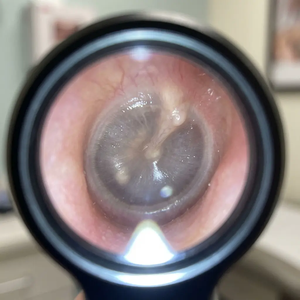 This image presents an otoscopic view of a tympanic membrane and the surrounding external auditory canal. The eardrum itself appears somewhat dull and opaque, with the handle of the malleus prominently visible and seemingly retracted. Multiple distinct, pearly-white, and irregularly shaped plaques are present on the surface of the tympanic membrane, particularly anterior to the malleus handle and inferiorly, which are characteristic of tympanosclerosis or myringosclerosis. The light reflex (cone of light) is visible inferiorly but appears fragmented and distorted, rather than the sharp, triangular reflection typically seen in a healthy ear. There are no clear signs of acute inflammation, perforation, or fluid behind the eardrum.

Keywords: Otoscopy, tympanic membrane, eardrum, malleus, manubrium, light reflex, tympanosclerosis, myringosclerosis, white plaques, ear canal, retraction, opaque, ear pathology, calcification, middle ear, auditory, ear examination, medical image.