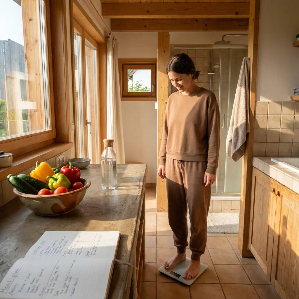 A young woman in a brown loungewear set stands barefoot on a digital weighing scale in a sunlit, rustic room. To her left, a long wooden countertop features a ceramic bowl brimming with fresh vegetables, including colorful bell peppers, cucumbers, and tomatoes, next to a glass water bottle. An open notebook titled "Meal plan" is also visible on the counter, suggesting a focus on healthy eating. The room is filled with natural light streaming through large wooden-framed windows, and a bathroom area with a shower stall, tiled walls, and wooden cabinets is visible in the background to the right. The woman looks down at the scale with a gentle, contented smile, embodying a scene of wellness and a balanced lifestyle.

Keywords: Woman, weighing scale, meal plan, kitchen, bathroom, fresh vegetables, bell peppers, tomatoes, water bottle, sunlight, wooden interior, rustic, healthy lifestyle, wellness, loungewear, shower, windows, countertop, smile, self-care.
