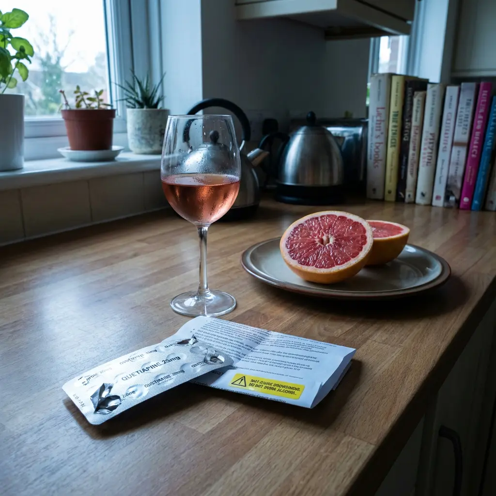 This image depicts a still life arranged on a warm-toned wooden kitchen counter. A prominent glass of rosé wine stands next to a plate holding two halves of a vibrant red grapefruit. In the foreground, a silver blister pack of medication, labeled \