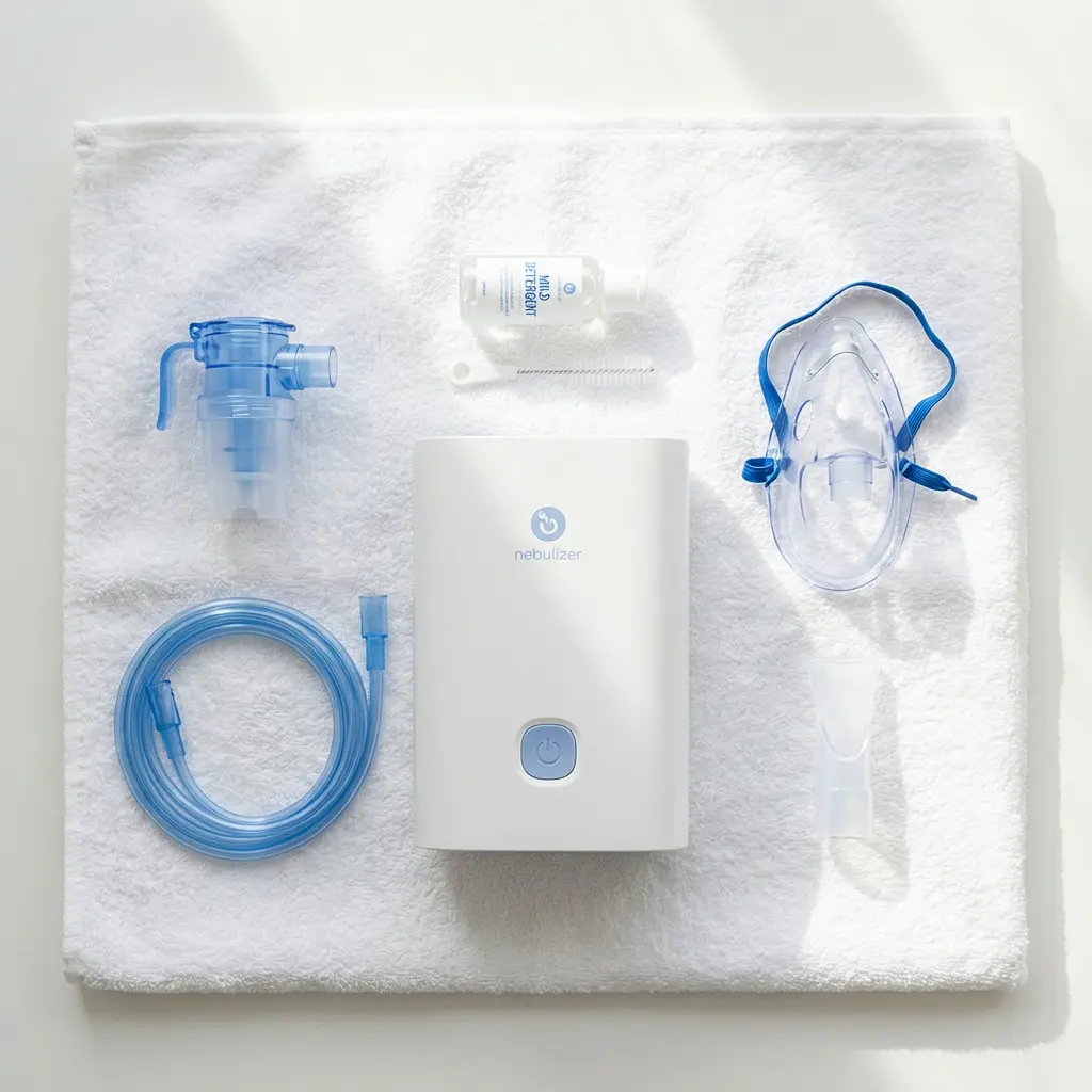This image depicts a comprehensive nebulizer kit meticulously arranged on a fluffy white towel. At the center is a sleek, white rectangular nebulizer machine, featuring a distinct blue power button and a subtle brand logo. Surrounding this main unit are various essential components, including a translucent blue medicine cup and connecting blue tubing on the left, and a clear face mask with blue elastic straps, along with a mouthpiece, on the right. A small bottle of \