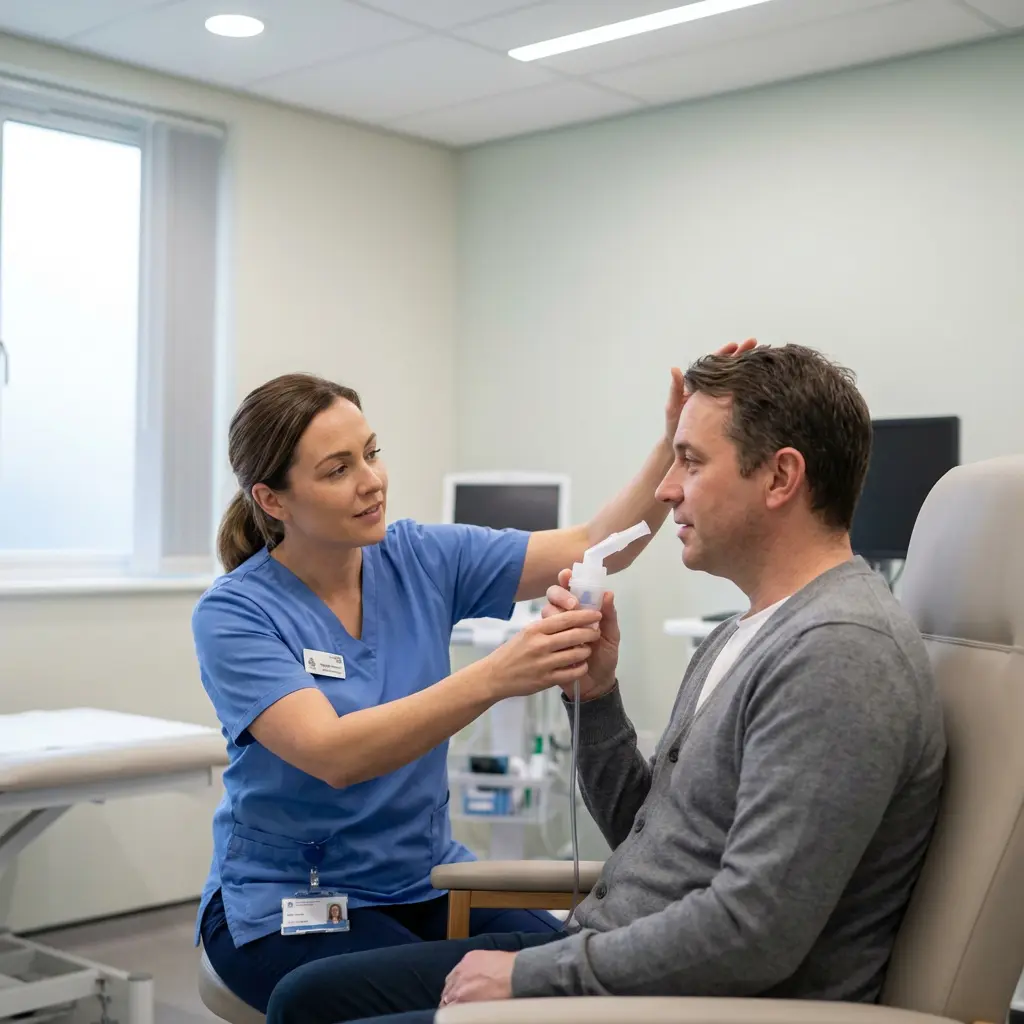 This image depicts a female healthcare professional assisting a male patient with a medical device in a bright, modern clinical setting. The professional, wearing blue scrubs and an ID badge, has one hand gently placed on the patient's head while holding a small, white nebulizer-like device with a mouthpiece and attached tubing near his face. The patient, dressed in a grey cardigan, is seated calmly in a tan medical chair, preparing to use the device. In the background, a large window allows natural light into the room, revealing a clean environment with additional medical equipment, including an examination table and computer monitors.
Keywords: healthcare, patient, nurse, medical professional, nebulizer, respiratory therapy, clinic, hospital room, treatment, consultation, medical device, scrubs, male patient, female nurse, examination, health, modern, assistance, support, medical equipment.