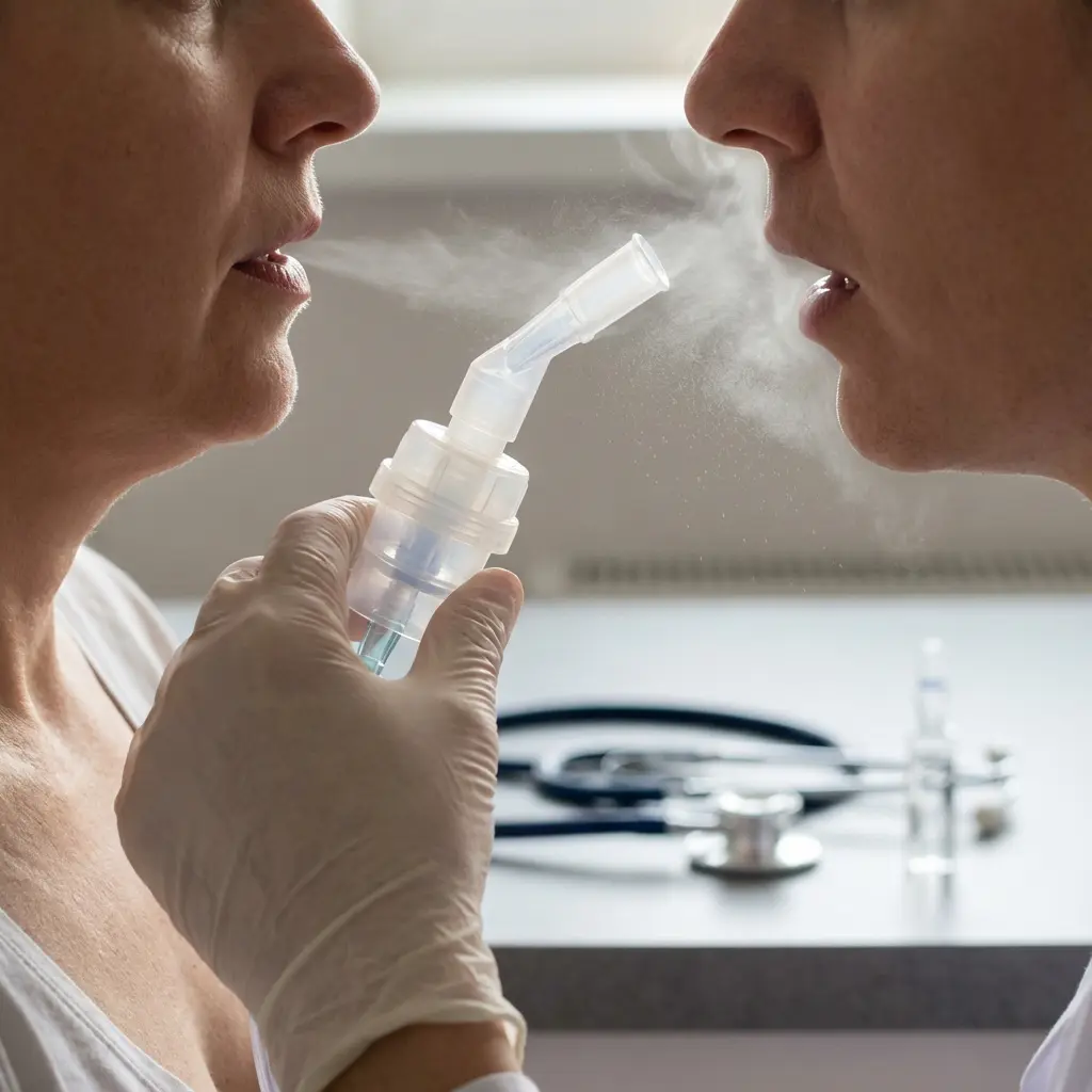 This close-up image depicts a medical procedure involving a nebulizer. A gloved hand, likely belonging to a healthcare professional, holds the translucent nebulizer device, which is actively emitting a fine mist or vapor towards the open mouth of the person on the left. The person on the right is partially visible and appears to be administering the inhalation therapy. In the blurred background, medical instruments such as a stethoscope and small glass vials are visible on a light-colored counter, establishing a clear clinical or hospital setting. The scene captures the precise moment of medication delivery for a respiratory condition.

Keywords: Nebulizer, inhalation therapy, medical treatment, patient, healthcare professional, mist, vapor, respiratory, medication, stethoscope, gloved hand, close-up, healthcare, therapy, drug delivery, breathing, clinic, hospital, medical equipment.
