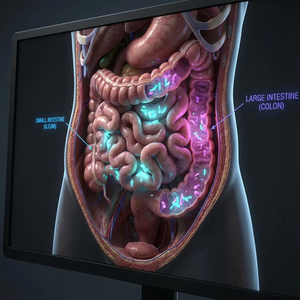 This image displays a detailed 3D anatomical rendering of the human digestive system, presented on a monitor screen. The central focus is on the intestines, with the tightly coiled small intestine (specifically labeled as the ileum) visible in the center, and the broader, U-shaped large intestine (colon) surrounding it. Both intestinal segments are depicted with a semi-transparent quality, revealing numerous glowing, rod-shaped microorganisms within them: a light blue population in the small intestine and a distinct pink/purple population in the large intestine. The torso is cut away to expose these internal organs, providing a clear view of their arrangement, along with hints of other visceral organs like the stomach and liver in the background.

Keywords: Human anatomy, digestive system, small intestine, large intestine, colon, ileum, gut microbiome, microorganisms, 3D rendering, medical illustration, digital display, internal organs, biology, glowing bacteria, scientific model.
