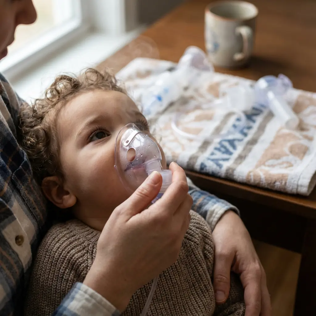 This image captures a tender moment where an adult is administering a nebulizer treatment to a young child. The child, with curly brown hair and dressed in a warm brown knitted sweater, is held securely by the adult, whose arm and plaid shirt are visible as they gently hold the clear medication mask to the child's face. In the background, on a wooden table, various components of the nebulizer machine, including additional masks and tubing, are laid out on a patterned towel, alongside a ceramic mug, suggesting a calm home environment during a time of care. The child appears to be looking upwards, perhaps distracted or observing something above them, while receiving the treatment, highlighting a moment of focused health support.

Keywords: Child, toddler, nebulizer, medication mask, respiratory treatment, caregiver, parent, curly hair, home care, medical device, wooden table, patterned towel, ceramic mug, health, wellbeing, childhood illness, indoor, comfort, treatment, support.