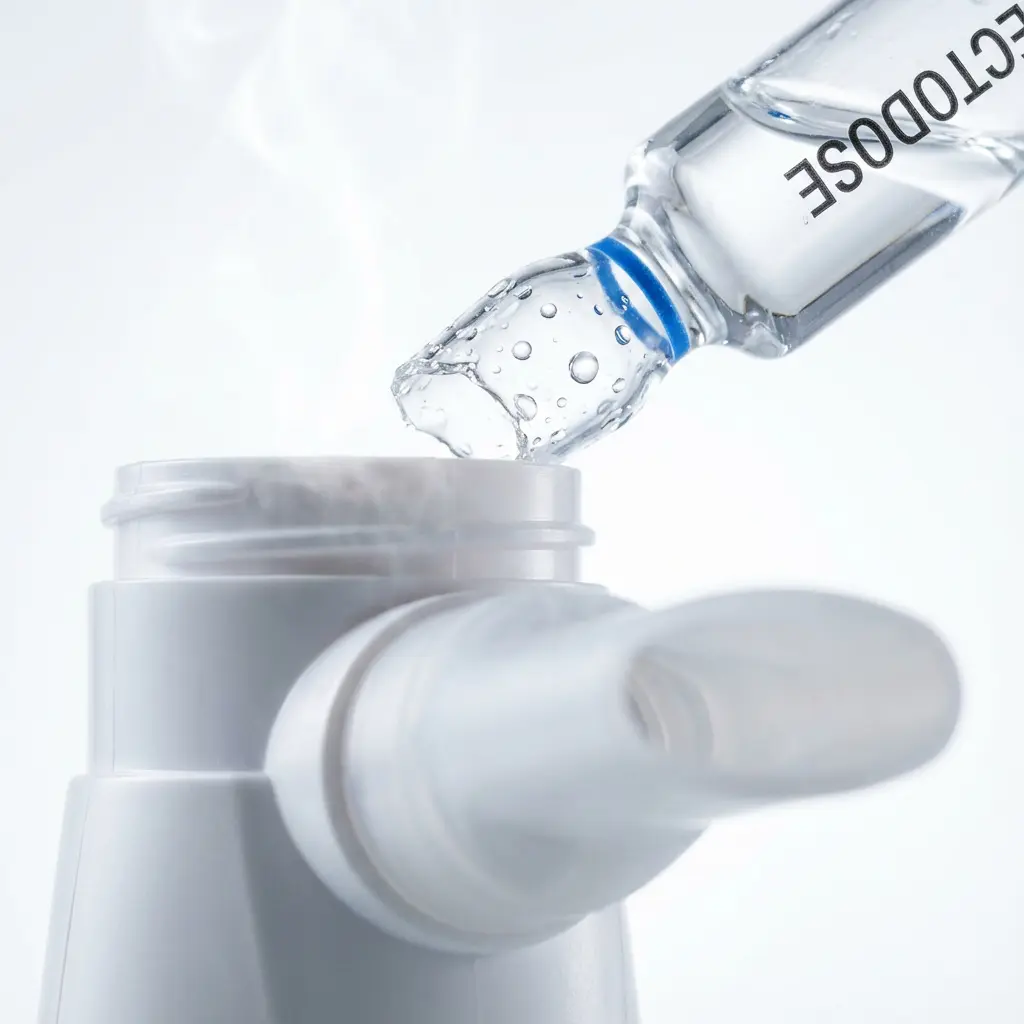 This picture depicts the precise act of pouring clear liquid medication from a glass ampoule into the open reservoir of a white medical device. The glass ampoule, with a blue band near its neck and the label \
