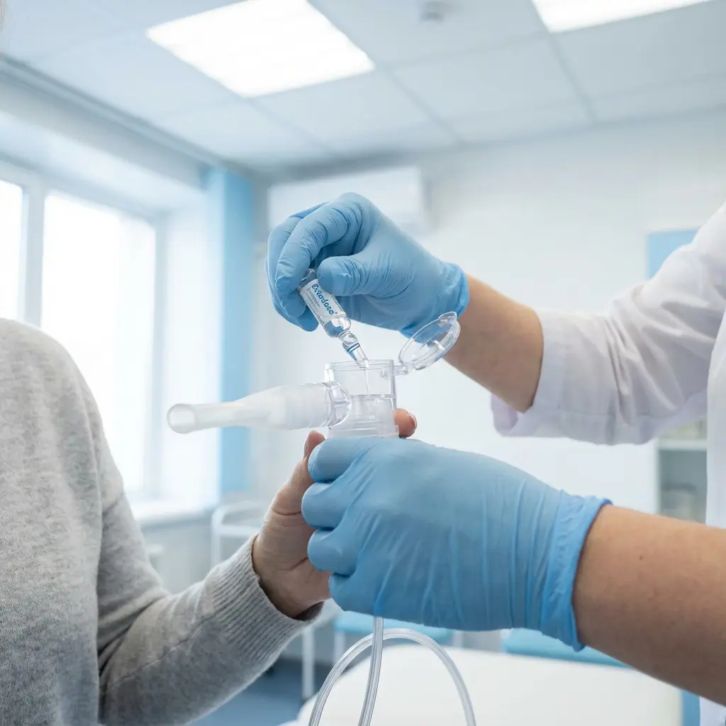 In a brightly lit medical setting, a healthcare professional, distinguished by blue gloves and a white lab coat, is meticulously preparing medication. They are seen pouring liquid from a small glass ampoule, labeled \