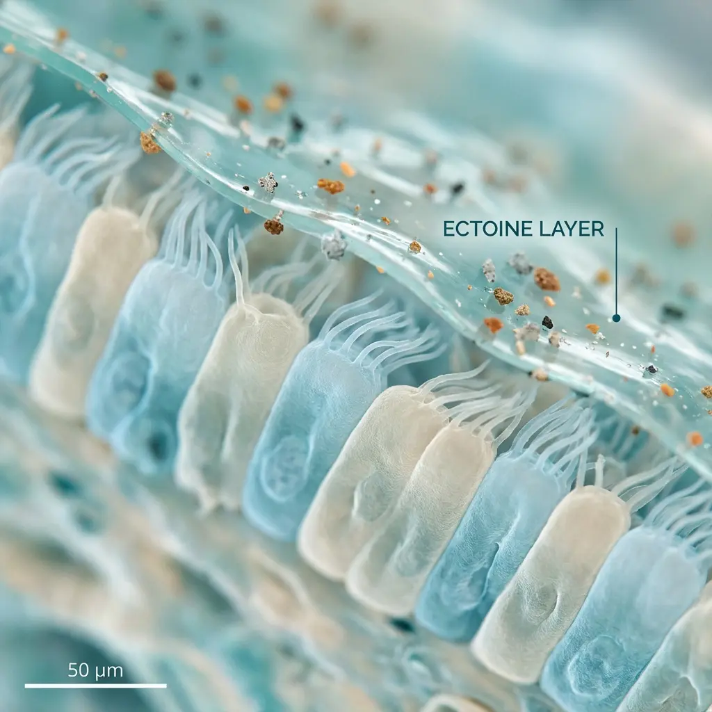 This image depicts a microscopic view of a ciliated epithelial surface, likely from the respiratory tract or another mucosal lining. A translucent \