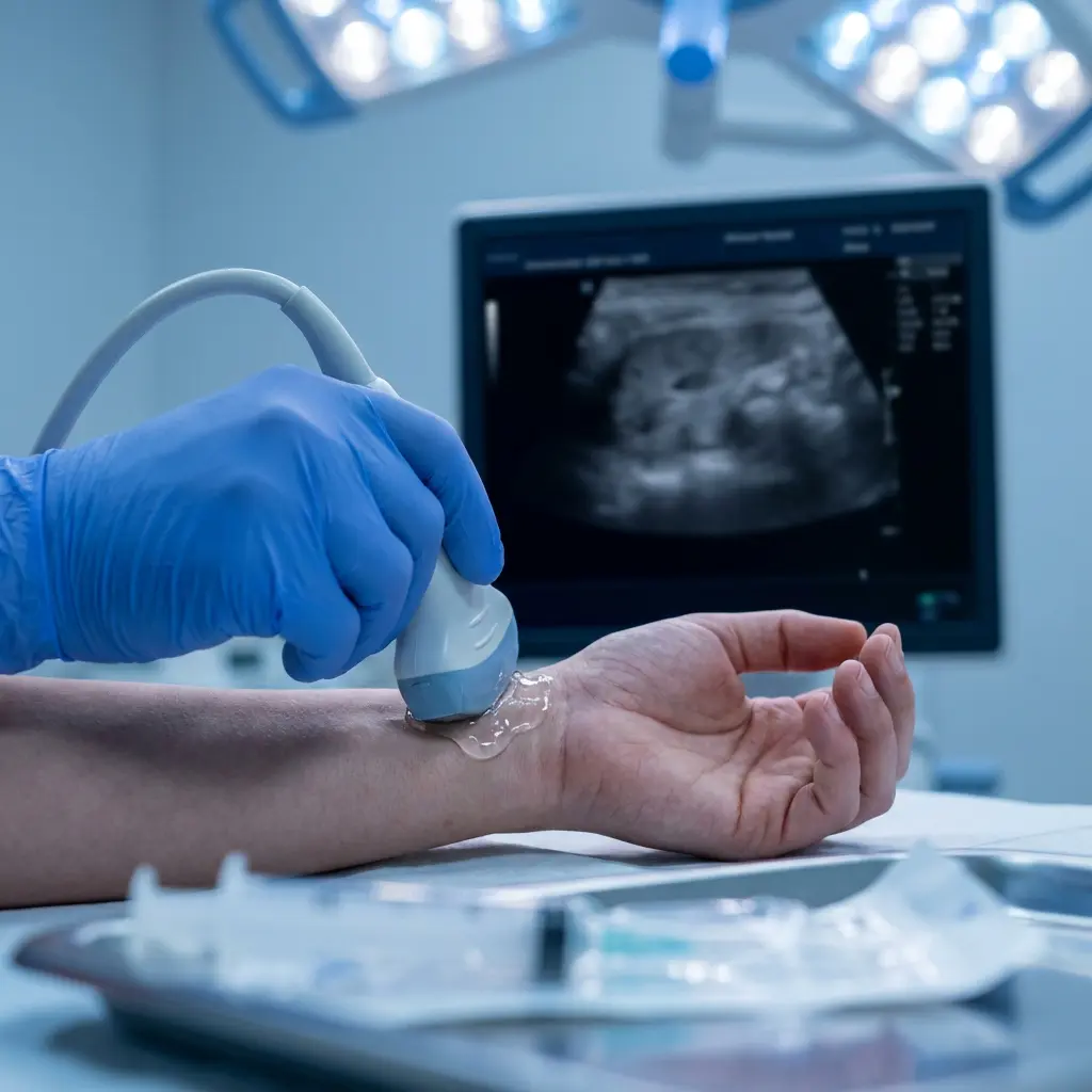This picture depicts a medical professional conducting an ultrasound examination on a patient's wrist in what appears to be a clinical or hospital setting. A hand wearing a blue surgical glove holds the ultrasound probe firmly against the skin, where clear medical gel facilitates the transmission of sound waves. In the background, a monitor displays the real-time ultrasound images, while bright overhead surgical lights illuminate the scene. On a tray in the blurry foreground, various medical instruments, including syringes, are visible.

Keywords: Ultrasound, medical examination, diagnostic imaging, wrist, arm, ultrasound probe, sonography, medical gel, monitor, medical professional, blue gloves, healthcare, clinic, hospital, surgical lights, syringe, medical instruments, patient, technology, diagnostics.