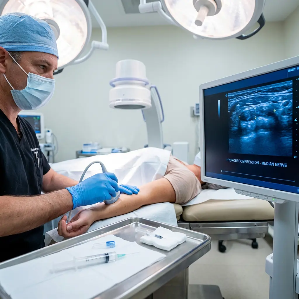 This picture depicts a medical professional, dressed in scrubs, a surgical cap, a face mask, and blue gloves, performing a procedure on a patient's arm using an ultrasound probe. The patient is lying on a medical bed, partially covered by a white sheet, with their arm extended. A monitor prominently displays an ultrasound image along with the text \