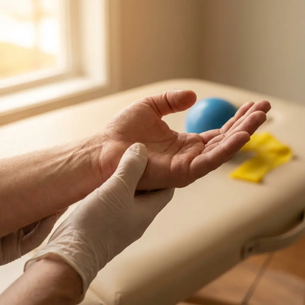 The close-up image captures a healthcare professional, wearing white latex gloves, carefully examining a patient's ungloved hand. The professional's gloved hand gently supports the patient's wrist and palpates the palm, suggesting a medical assessment or physical therapy session. The scene takes place indoors, likely in a clinic or therapy room, with bright natural light streaming from a window in the upper left background. On a light-colored examination table, a blue therapy ball and a yellow resistance band are visible, reinforcing the context of rehabilitation or treatment.

Keywords: Healthcare professional, patient, hand, wrist, examination, physical therapy, rehabilitation, medical, gloves, therapy ball, resistance band, clinic, treatment, care, indoors, sunlight.
