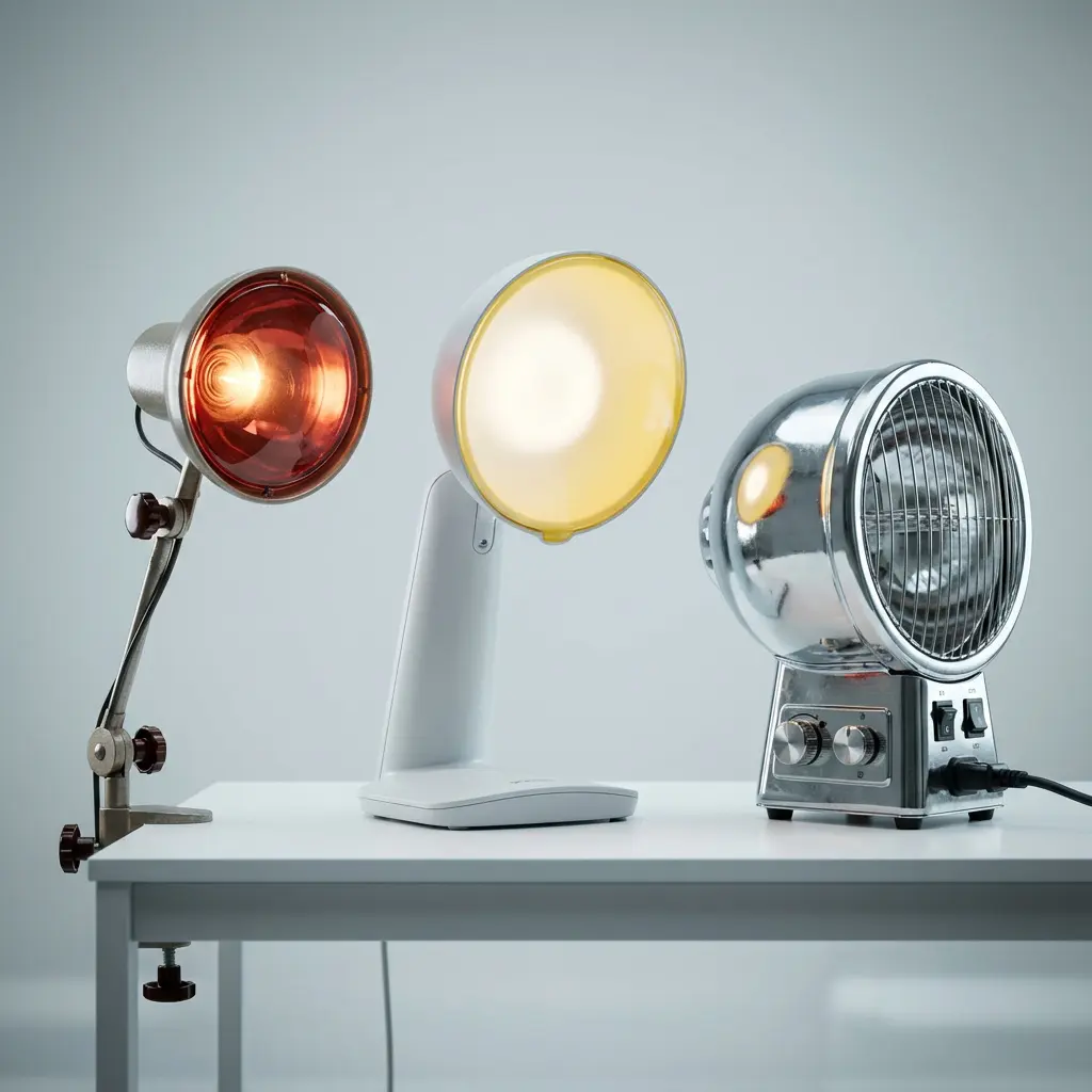 This image presents a meticulously arranged still life featuring three distinct heat and light-emitting devices on a clean white table against a soft, light background. On the far left, an industrial-style infrared lamp with a metallic casing and an exposed red-orange bulb is clamped to the table via an articulated arm, emitting a warm, therapeutic glow. In the center, a sleek, modern white desk lamp with a yellow-tinted reflector casts a bright, cool white light. To the right, a retro-inspired chrome-plated fan heater with a protective grille and control knobs on its base completes the trio, suggesting a range of functional appliances.\n\nKeywords:\nLamps, Heaters, Infrared lamp, Desk lamp, Fan heater, Vintage, Modern, Retro, Chrome, Industrial design, White table, Still life, Illumination, Light source, Glowing, Metallic, Appliance, Home decor, Studio shot, Warm light, Bright light, Therapeutic lamp.