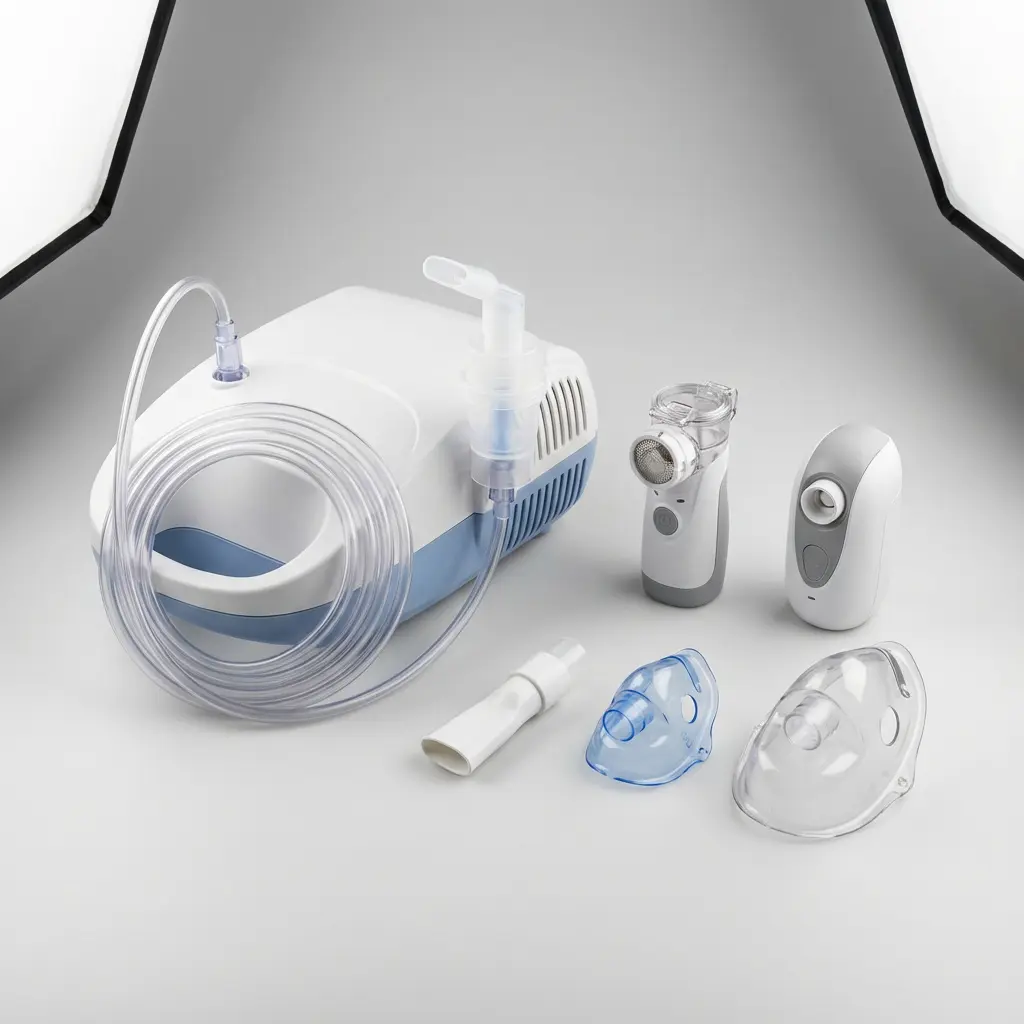 This picture depicts a comprehensive set of medical devices used for respiratory therapy, specifically various types of nebulizers and their associated accessories. On the left is a larger, white and light blue compressor nebulizer, connected by a clear, coiled tube. To its right are two smaller, portable nebulizer units in white and grey, one with a visible mesh top and the other more enclosed, designed for handheld use. In the foreground, there's a white mouthpiece attachment and two transparent inhalation masks—one blue and one clear—suggesting options for both pediatric and adult users. The items are professionally arranged and photographed against a clean, light grey background, with studio lighting equipment visible in the upper corners.

**Keywords:**
Nebulizer, Medical device, Respiratory therapy, Compressor nebulizer, Portable nebulizer, Mesh nebulizer, Inhalation mask, Face mask, Mouthpiece, Tubing, Asthma treatment, COPD, Healthcare equipment, Studio photography, White, Blue, Grey, Transparent.