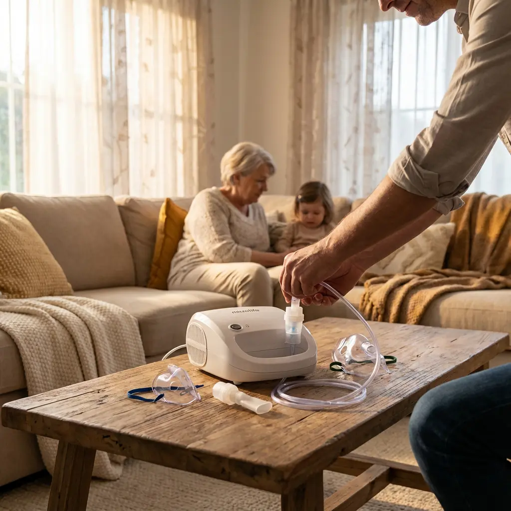 This image captures a tender family moment in a cozy, sunlit living room, where a man is diligently preparing a medical nebulizer on a rustic wooden coffee table. He is shown connecting the tubing to the device's medicine cup, with other accessories like a mouthpiece and two face masks (presumably for different age groups) laid out nearby. In the softly blurred background, an elderly woman and a young child sit comfortably on a beige sofa, creating an atmosphere of calm and care as they await or observe the setup of the respiratory treatment. The scene suggests a supportive home environment focused on health and well-being.

Keywords: nebulizer, medical device, respiratory treatment, home care, family, man, child, grandmother, living room, wooden table, face mask, mouthpiece, health, wellness, caregiver, preparation, comfort, sunlit, Microlife, breathing therapy