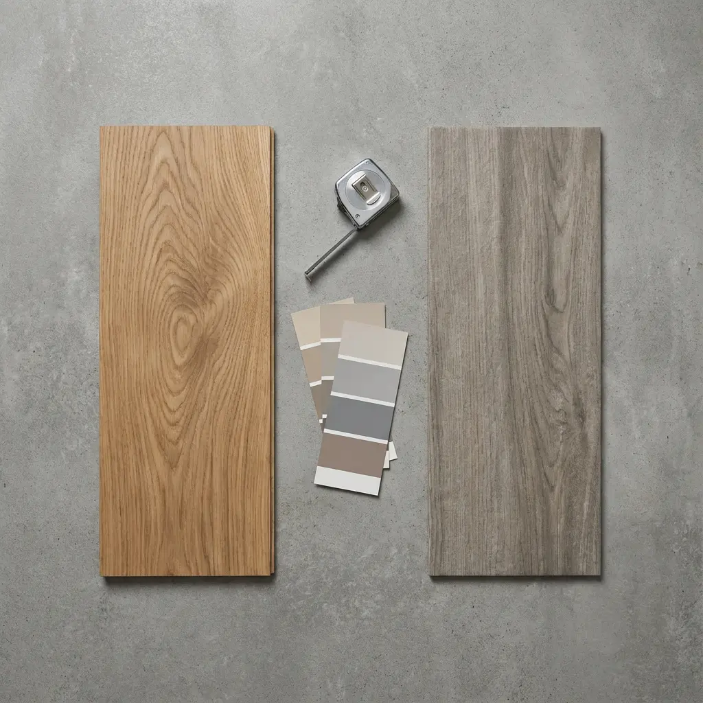 This top-down, flat lay image presents a thoughtful collection of materials for interior design or home renovation, set against a textured gray concrete-like surface. Two elongated rectangular flooring planks, likely wood or wood-look laminate, are prominently displayed. The plank on the left exhibits a warm, natural light brown hue with distinct wood grain, contrasting with the plank on the right which features a cooler, muted grayish-brown tone. Centered between these samples are three fanned-out color swatch cards, offering a palette of neutral beige, gray, and taupe shades, alongside a metallic silver measuring tape.

Keywords: interior design, home renovation, flooring samples, wood planks, natural wood, greige, measuring tape, paint swatches, color palette, neutral colors, beige, gray, taupe, concrete background, flat lay, material selection, home decor, design elements.