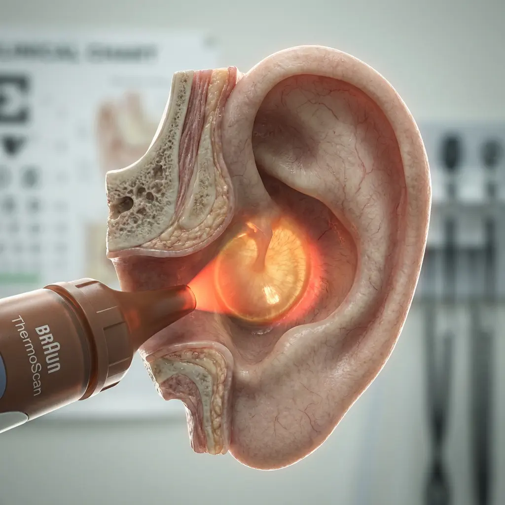 This image vividly illustrates the process of taking an ear temperature with a \