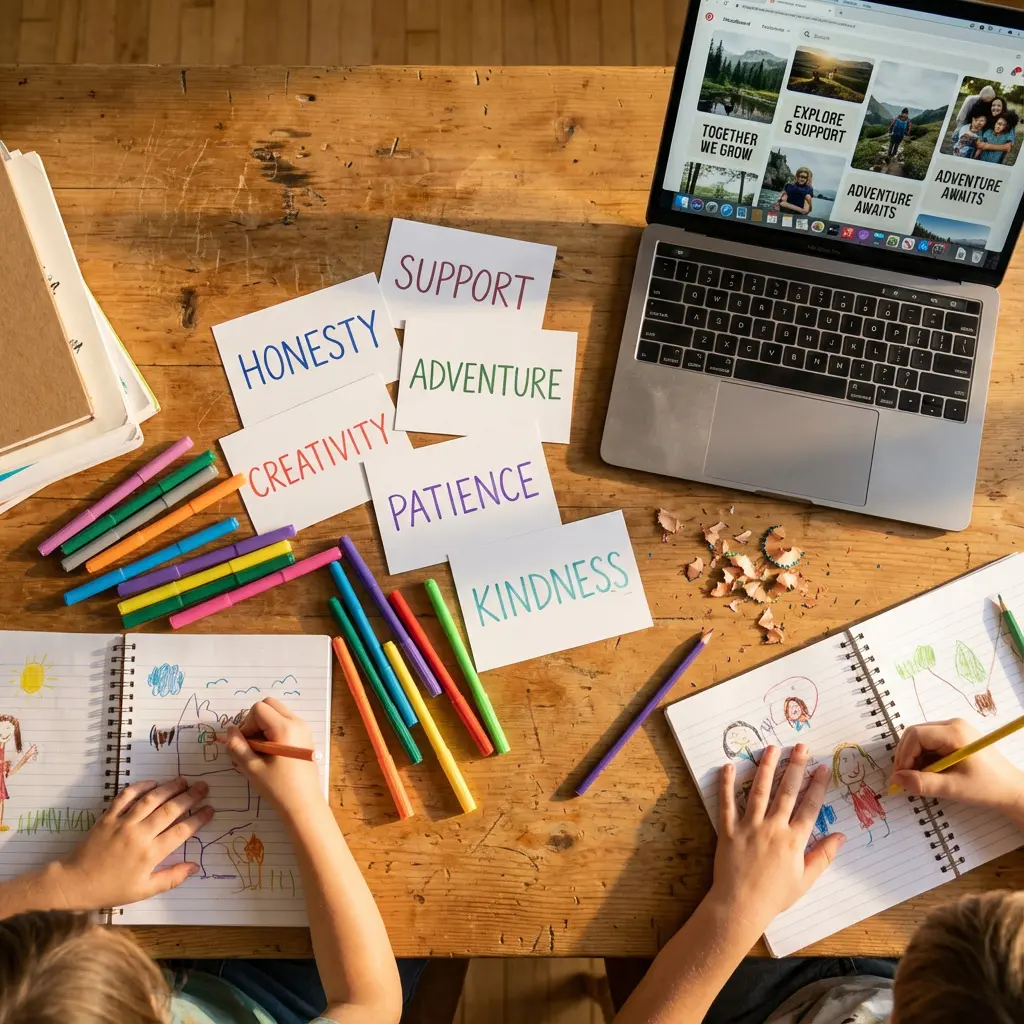 This overhead shot captures a vibrant and engaging scene on a rustic wooden tabletop, blending creative activities with digital learning. In the foreground, two children are engrossed in drawing and coloring in spiral notebooks, surrounded by an assortment of colorful markers and pencils. Scattered across the center of the table are white cards, each prominently displaying positive values such as \