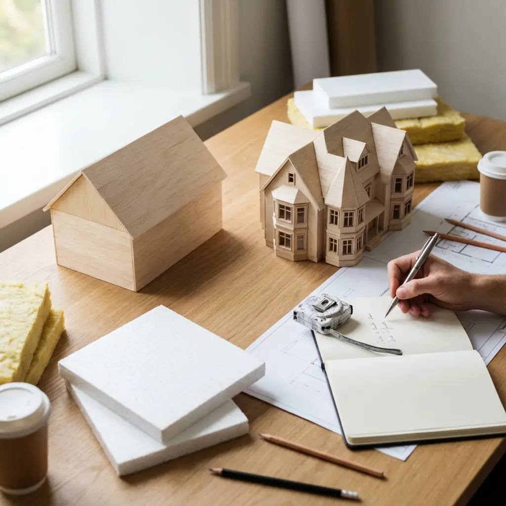 The image depicts a well-lit wooden desk, likely an architect's or designer's workspace, filled with tools and models for building design. Two miniature wooden house models are central, one a simple gabled structure and the other a detailed, multi-story home with intricate bay windows. Surrounding these are samples of building materials, including stacks of yellow fibrous insulation and white rigid foam boards, along with architectural blueprints, pencils, and a tape measure. A person's hand is actively writing in an open notebook, suggesting ongoing work or planning, with disposable coffee cups indicating a focused work session.

Keywords: Architecture, House models, Wooden models, Design, Workspace, Blueprints, Insulation, Building materials, Notebook, Planning, Architect, Tape measure, Handwriting, Home design, Construction, Pencils, Desk, Prototyping.