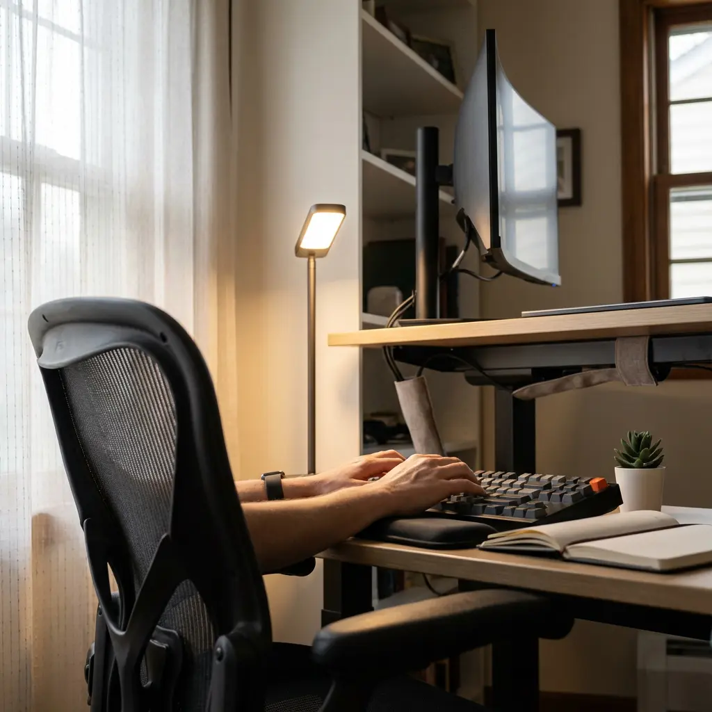 This image captures a person diligently working at a well-organized home office setup, viewed from behind. The individual is seated in an ergonomic black mesh office chair, with their hands positioned on a dark mechanical keyboard and wrist rest, actively typing. A modern, slim desk lamp with a rectangular panel provides warm illumination to the workspace, which also features a curved monitor mounted on a stand and an open notebook with a pen on the light-toned wooden desk.

On the right side of the desk, a small potted succulent adds a touch of greenery, while the background showcases a large window with sheer white curtains on the left and a neat bookshelf filled with various items. Underneath the desk, subtle cable management straps help maintain a tidy and functional environment.

Keywords:
Home office, workspace, typing, ergonomic chair, mechanical keyboard, curved monitor, desk lamp, wooden desk, succulent plant, open notebook, bookshelf, window, cable management, remote work, productivity, minimalist design.