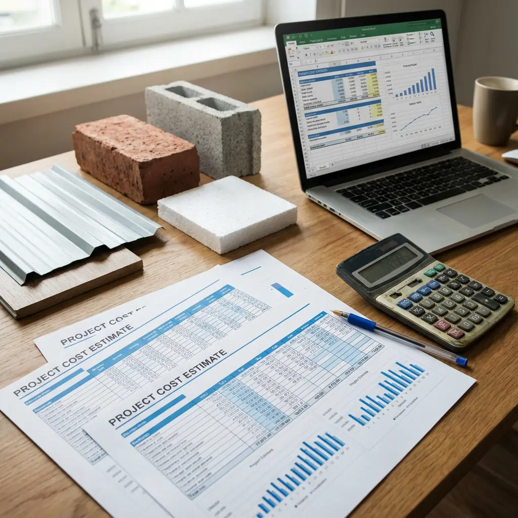This image captures a well-organized workspace focused on construction project estimation. On a light wooden desk, various building material samples are displayed, including a red brick, a grey concrete block, a corrugated metal sheet, a piece of white insulation foam, and a wooden plank. To the right, a silver laptop displays a detailed spreadsheet with financial data and charts, alongside an old, worn calculator, a blue pen, and multiple printed \