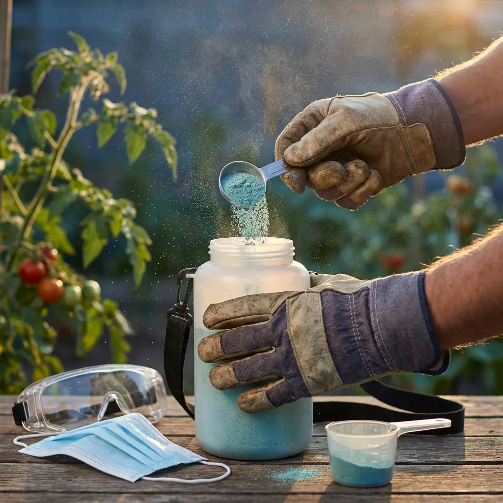 This detailed image depicts a person wearing sturdy work gloves carefully pouring a bright blue granular substance from a silver measuring spoon into a large, translucent white plastic container. Fine particles of the blue material are visibly suspended in the air, catching the sunlight in what appears to be an outdoor garden or greenhouse environment, indicated by the lush green tomato plants with ripening fruit in the background. On the rustic wooden table surface in the foreground, essential safety equipment, including clear protective goggles and a blue disposable face mask, are laid out, suggesting the importance of caution when handling the substance. A smaller measuring cup, also containing some of the vibrant blue residue, sits nearby. The overall scene suggests an agricultural or gardening task involving the preparation of a chemical compound, possibly fertilizer or pesticide, with an emphasis on protective measures.

Keywords: Gardening, agricultural, chemicals, fertilizer, pesticide, safety equipment, gloves, goggles, face mask, measuring spoon, granular, powder, blue, container, tomato plants, outdoor, sunlight, dusty, pouring, protection.