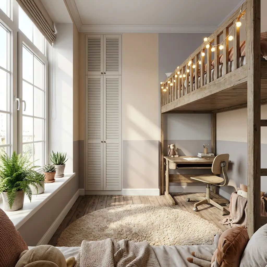 This inviting image showcases a cozy and functional child's or teen's bedroom designed with natural elements and soft lighting. A prominent rustic wooden bunk bed frame, strung with whimsical fairy lights, features a study desk and adjustable chair tucked neatly underneath, complete with books and a stuffed animal. To the left, a tall, louvered wardrobe provides storage, complementing the room's two-toned walls painted in light beige and taupe. A large window bathes the space in natural light, highlighting several potted plants, while a fluffy, round cream rug grounds the light wooden floor, adding warmth and comfort to the room's aesthetic.
Keywords: Bedroom, child's room, bunk bed, wooden desk, study area, string lights, large window, potted plants, louvered wardrobe, two-tone walls, round rug, cozy, rustic, interior design, natural light, warm atmosphere.