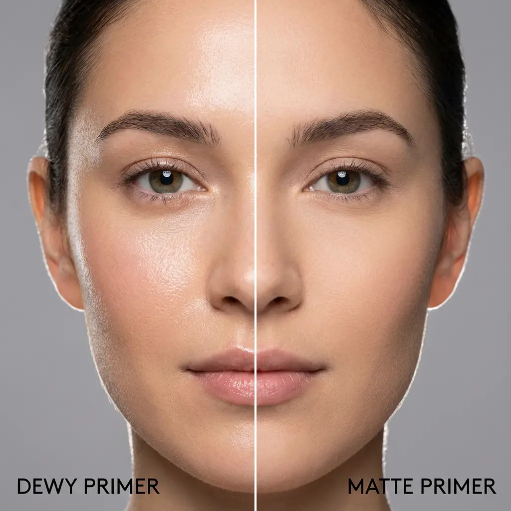 This image presents a close-up of a woman's face, vertically divided to illustrate the distinct effects of two different makeup primers. The left side, labeled \