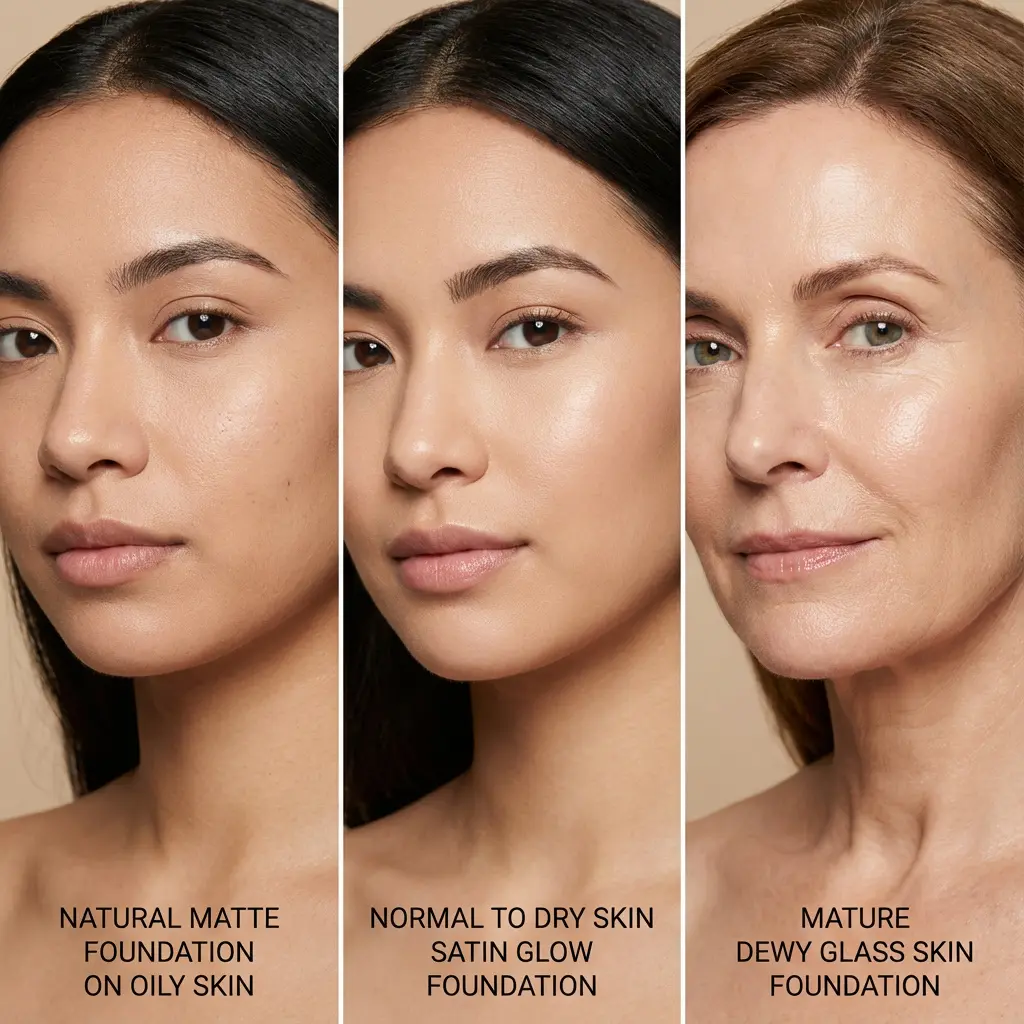 This picture depicts a cosmetic product comparison, showcasing three distinct foundation finishes on different skin types and age groups. The leftmost panel features a young woman with \