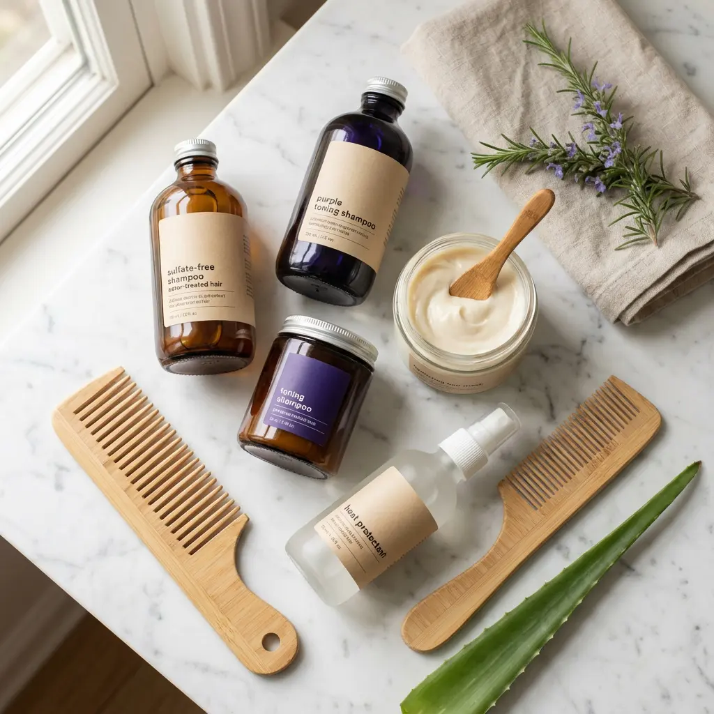 This overhead shot showcases a serene collection of hair care products and tools meticulously arranged on a clean white marble countertop, illuminated by soft natural light. Various amber and clear bottles and jars are visible, containing items such as sulfate-free shampoo, purple toning shampoo, heat protection spray, and a moisturizing hair mask, complete with a small wooden spoon. Two smooth, light-colored wooden combs are positioned on either side of the products, complementing the natural aesthetic. Further enhancing the natural theme are a fresh sprig of rosemary with delicate purple flowers resting on a folded beige linen cloth, and a vibrant green aloe vera leaf.
**Keywords:**
Hair care products, shampoo, hair mask, toning shampoo, heat protection spray, wooden combs, rosemary, aloe vera leaf, marble countertop, natural ingredients, minimalist design, beauty routine, self-care, flat lay, spa at home, sulfate-free, color-treated hair.