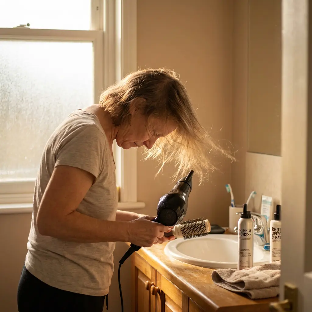 A woman is captured mid-action, meticulously drying her light-colored hair in a warmly lit bathroom. She holds a black hairdryer in one hand and a round styling brush in the other, leaning over a white sink as her hair blows outwards from the airflow, catching the light beautifully. The wooden vanity below the sink holds several hair care products, visibly labeled "Volumizing Mousse" and "Root Lifter Spray," along with a neatly folded towel. Soft, diffused light enters through a large, frosted window on the left, illuminating this personal morning routine.

Woman, hair drying, bathroom, hairdryer, hairbrush, hair styling, personal care, morning routine, sink, vanity, hair products, mousse, root lifter spray, towel, window, natural light, blonde hair, daily life, home, beauty.