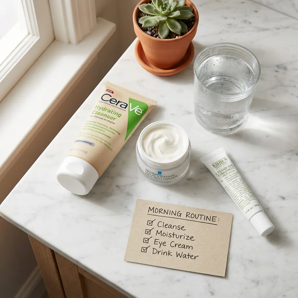 This overhead shot captures an organized morning skincare routine laid out on a white marble countertop. Featured prominently are a beige tube of CeraVe Hydrating Cleanser, an open jar of facial moisturizer with white cream, and a small tube of Kiehl's Creamy Eye Treatment with Avocado. Completing the scene are a refreshing glass of water with condensation, a small terracotta potted succulent, and a handwritten note listing the "MORNING ROUTINE" steps, all checked off. The arrangement, bathed in natural light from a nearby window, suggests a focus on self-care and hydration to start the day.

Skincare, morning routine, beauty products, CeraVe, La Roche-Posay, Kiehl's, cleanser, moisturizer, eye cream, water, succulent, plant, marble, countertop, checklist, self-care, hydration, beauty, healthy habits, flat lay.