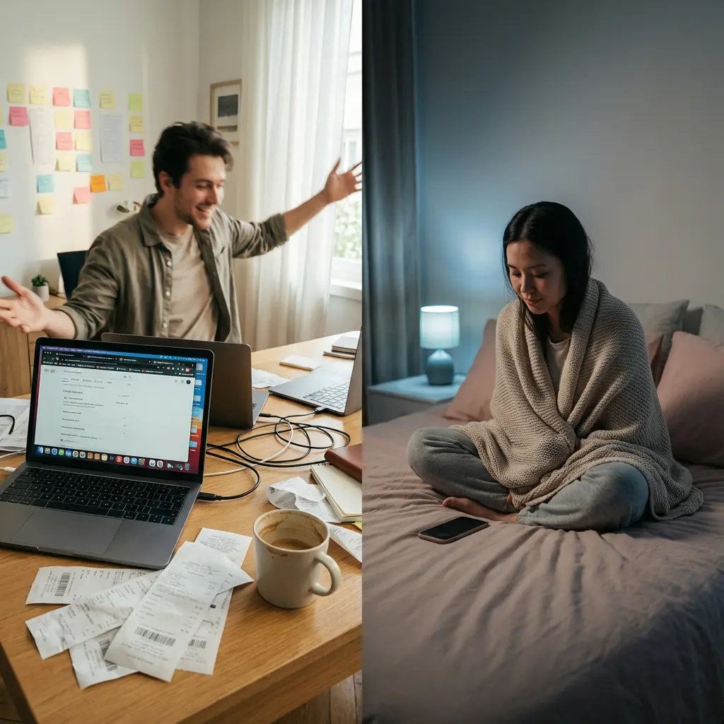This picture depicts two contrasting scenes presented side-by-side, illustrating different emotional states and environments. On the left, a man in a brightly lit home office appears jubilant, smiling broadly with his arms outstretched while sitting at a desk cluttered with a laptop, numerous paper receipts, and an empty coffee cup, with a wall covered in colorful sticky notes behind him. The right side features a woman sitting cross-legged on a bed in a dimly lit bedroom, wrapped in a beige blanket, looking down at a smartphone with a somber and pensive expression. The juxtaposition of the man's apparent success or relief with the woman's sadness or worry creates a narrative implying a potential disparity in their experiences or an emotional aftermath of a shared situation.
**Keywords:** Man, woman, contrasting scenes, home office, bedroom, laptop, receipts, coffee cup, happy, sad, worried, blanket, smartphone, financial management, remote work, emotional disparity, sticky notes, personal struggle.