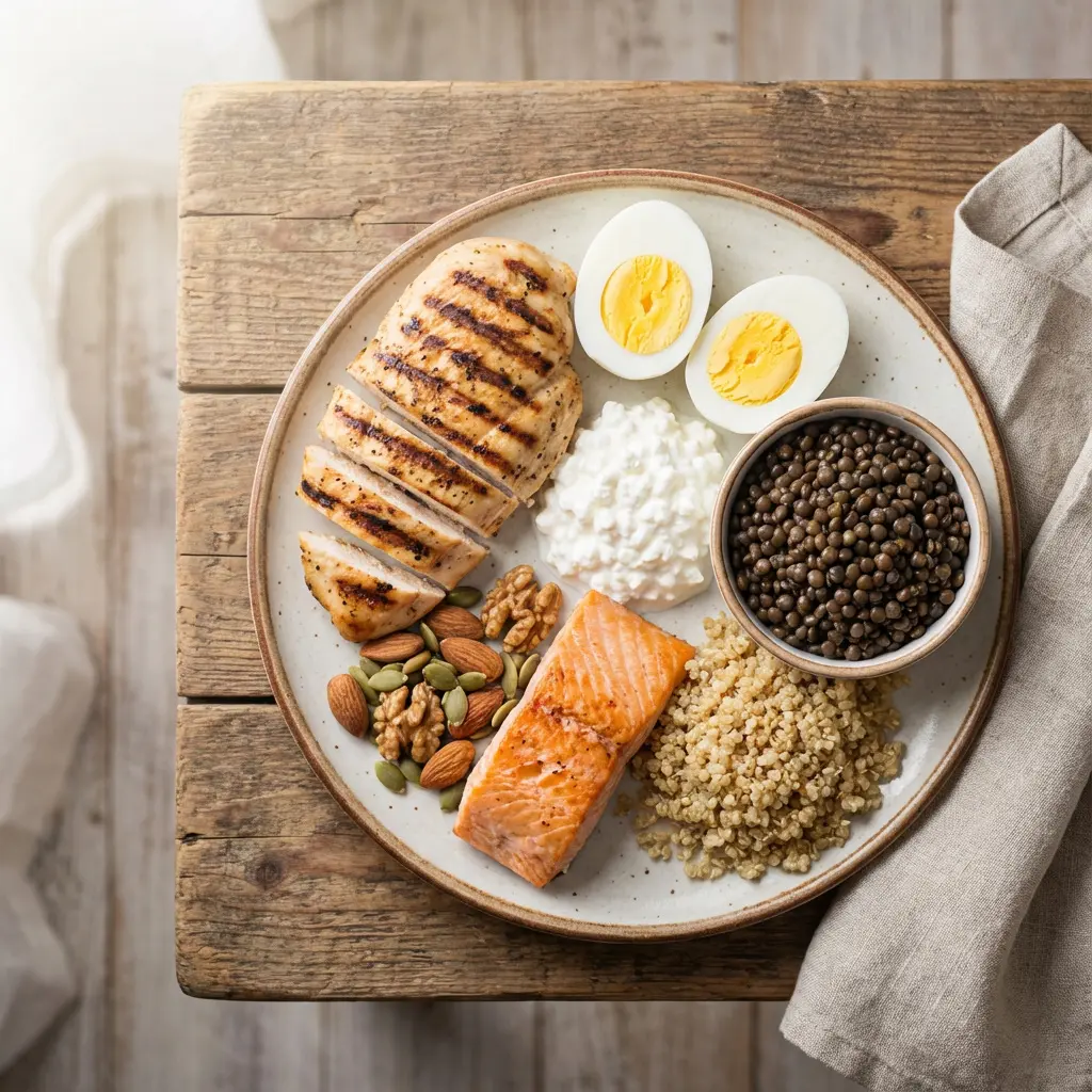 This inviting overhead shot showcases a diverse and healthy meal artfully arranged on a round, rustic plate, set upon a weathered wooden table. The plate features a variety of protein sources, including a perfectly grilled and sliced chicken breast with prominent char marks, a piece of cooked salmon fillet, and two halved hard-boiled eggs revealing their bright yellow yolks. Complementing these are a small bowl of dark lentils, a mound of fluffy quinoa, a serving of creamy cottage cheese, and a scattered mix of almonds, walnuts, and pumpkin seeds. Natural light from the upper left illuminates the scene, enhancing the textures and colors of the wholesome ingredients, with a linen napkin casually placed to the right.

Keywords: Healthy meal, balanced diet, grilled chicken, salmon fillet, hard-boiled eggs, cottage cheese, lentils, quinoa, mixed nuts, pumpkin seeds, rustic table, overhead shot, nutrition, whole foods, protein-rich, food photography.
