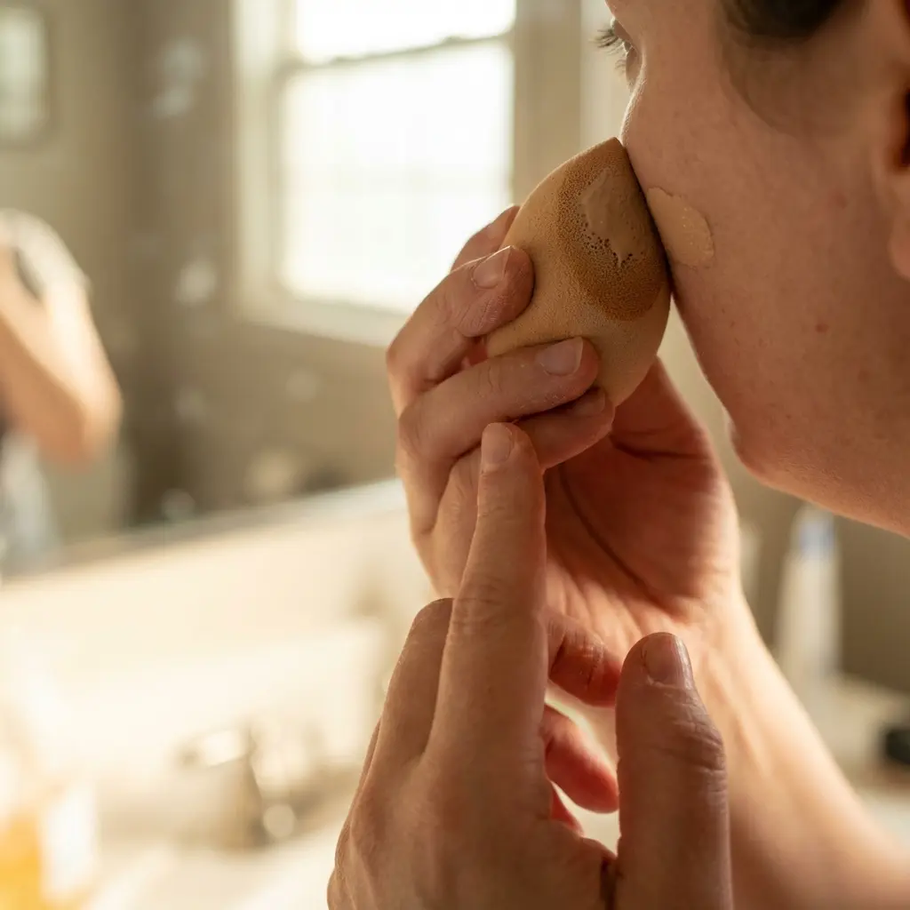 This close-up image depicts a person in the process of applying liquid foundation to their face. They are using a beige, teardrop-shaped makeup sponge, which has a visible amount of foundation on its surface, as does the skin near the jawline or upper neck area. Two hands are prominent in the foreground: one firmly holds the sponge against the side of the face, while another finger points towards the sponge, possibly guiding or steadying it. In the softly lit, out-of-focus background, a mirror reflects a blurred outline of a person and a window, suggesting an indoor setting like a bathroom.

**Keywords:** Makeup, Foundation, Beauty sponge, Makeup application, Face, Hands, Cosmetics, Mirror, Reflection, Bathroom, Window, Beauty routine, Skincare, Blending, Close-up, Indoor, Self-care, Teardrop sponge.