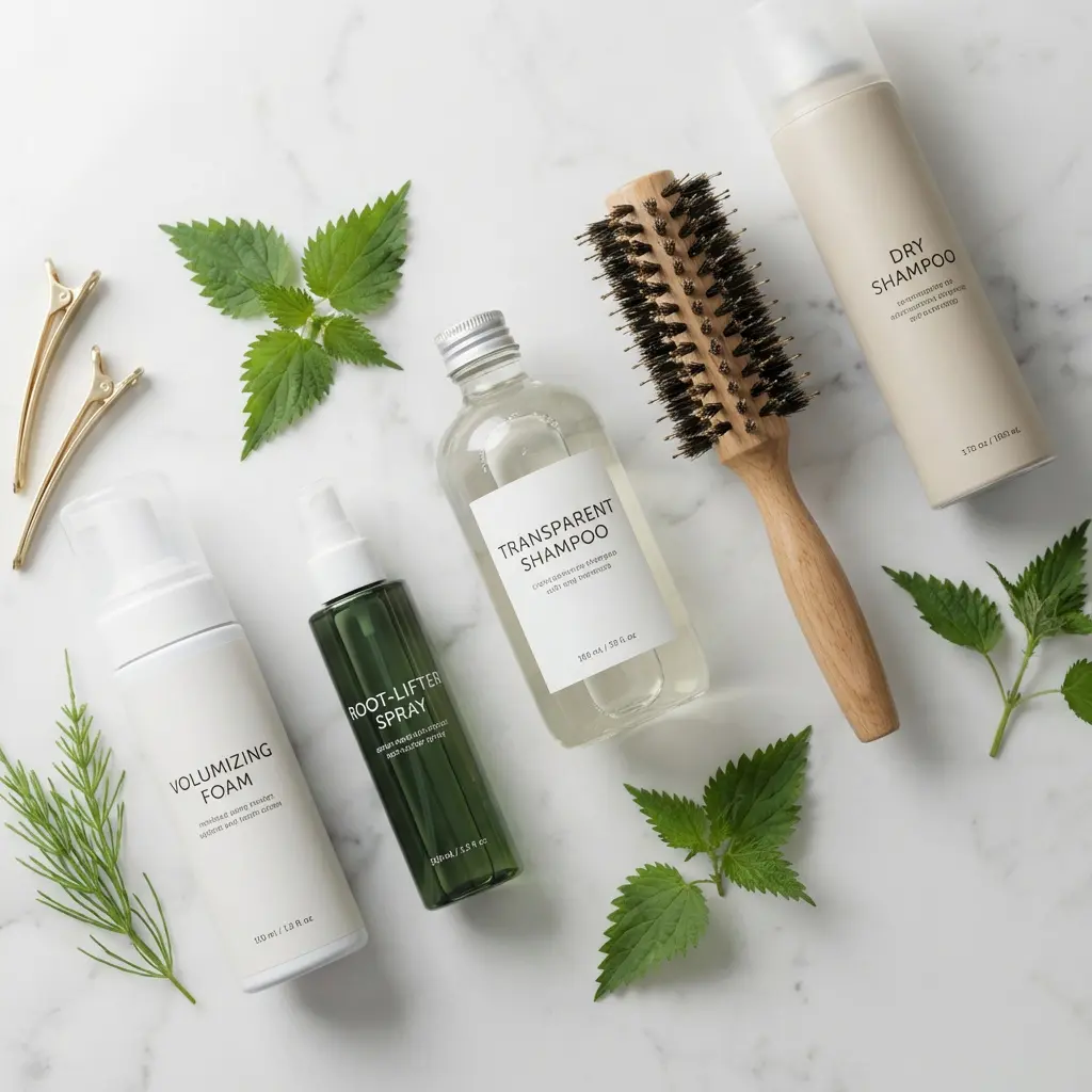 This flat lay image showcases a minimalist arrangement of various hair care products on a white marble background. Central to the composition are a clear bottle of "TRANSPARENT SHAMPOO," a white bottle of "VOLUMIZING FOAM," a dark green spray bottle of "ROOT-LIFTER SPRAY," and a beige aerosol can of "DRY SHAMPOO." A wooden-handled round hairbrush and two gold-colored hair clips are also present, complementing the hair care theme. Fresh green leaves, resembling nettle and rosemary sprigs, are scattered throughout the scene, adding a natural and botanical touch to the overall clean and fresh aesthetic.

Keywords: Hair care, beauty products, shampoo, dry shampoo, volumizing foam, root-lifter spray, hairbrush, hair clips, green leaves, nettle, rosemary, marble background, flat lay, minimalist, natural, personal care, styling.