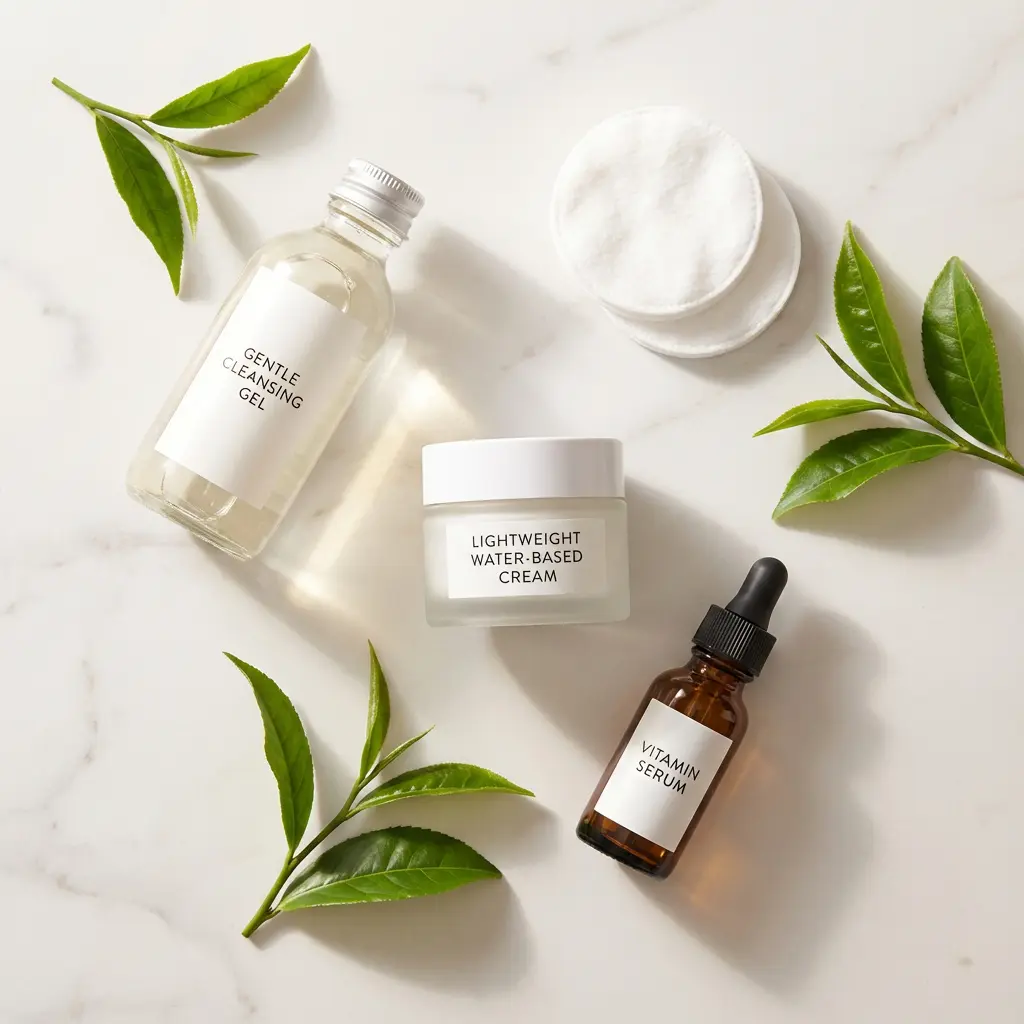 The image displays a clean and minimalist flat lay arrangement of various skincare products and natural elements on a light, reflective marble surface. Three primary skincare items are visible: a clear bottle labeled \