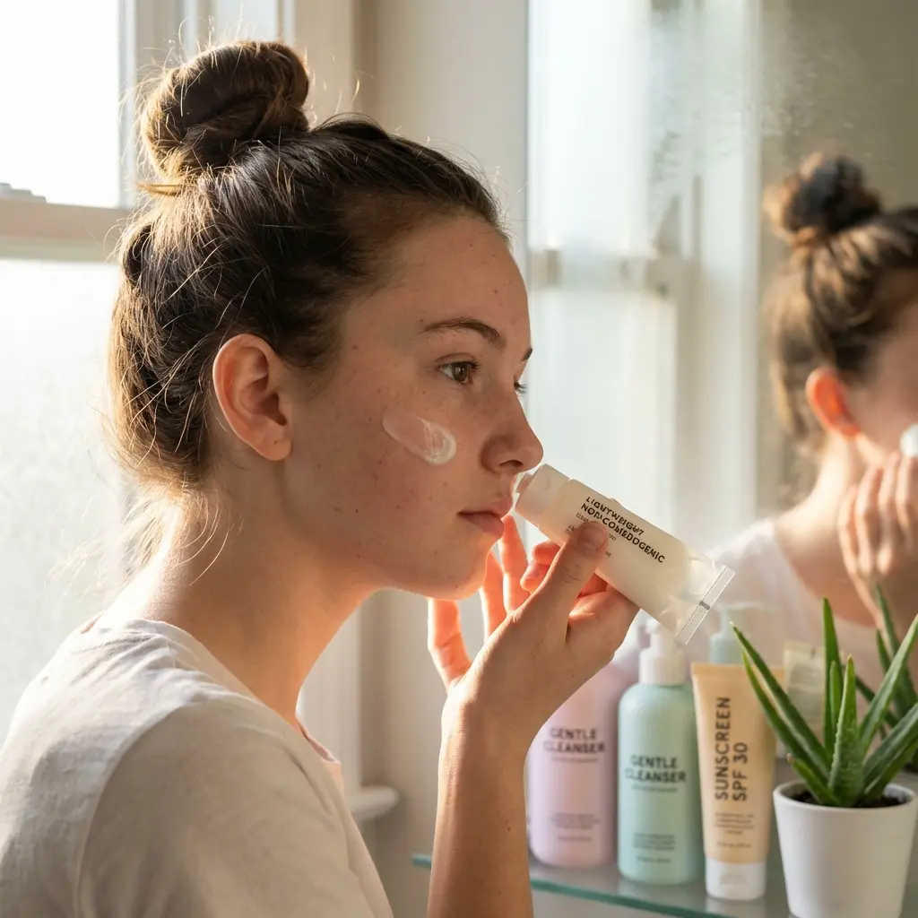 A young woman with her hair tied in a bun is captured in profile, focused on her skincare routine in what appears to be a bathroom setting. She is holding a tube labeled \