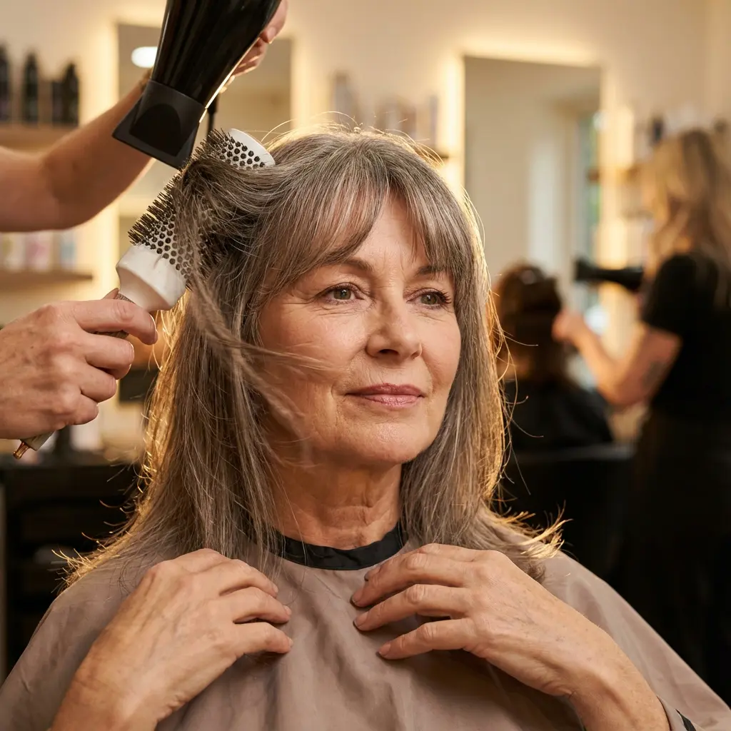 This picture depicts a middle-aged woman with long, silver-gray hair receiving a professional blow-dry and styling at a hair salon. A hairdresser, whose hands are visible, expertly uses a black hairdryer and a white round brush to add volume and shape to her hair, which includes soft bangs. The woman looks calmly to the side with a gentle smile, wearing a protective light brown salon cape with a black trim. In the softly lit background, other blurry figures suggest the presence of more clients or stylists, contributing to the ambiance of a busy beauty salon.

Keywords: hair salon, hairstyling, blow-dry, woman, gray hair, mature woman, hairdresser, round brush, hairdryer, beauty treatment, self-care, beauty, professional, smile, relaxed, cape, bangs, hair care.
