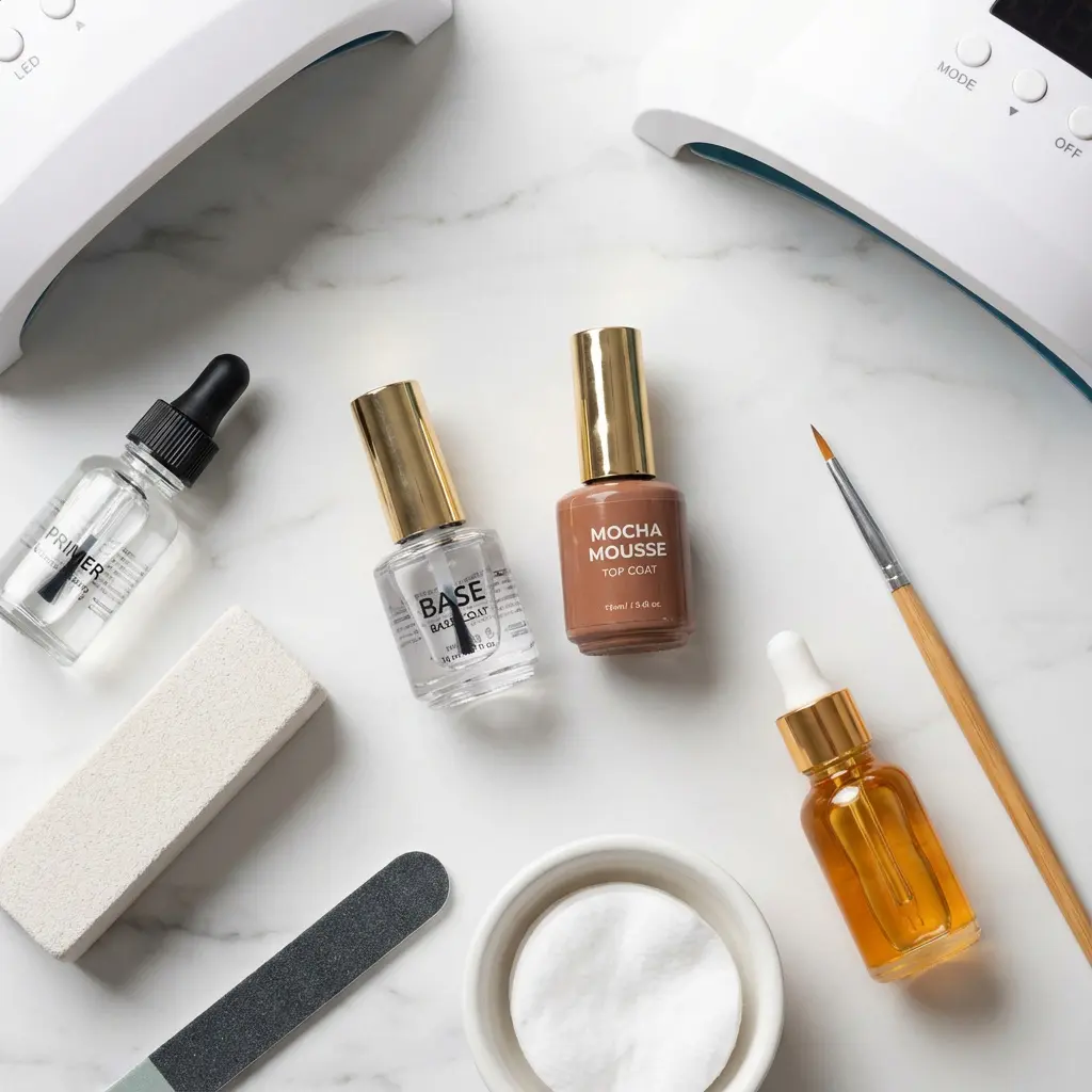 This bright, overhead flat lay image depicts a comprehensive array of products and tools for a gel manicure, neatly arranged on a pristine white marble surface. Partially visible at the top are two white UV/LED nail lamps, framing an assortment of nail essentials. Central to the composition are three polish bottles: a clear primer, a clear base coat, and a \