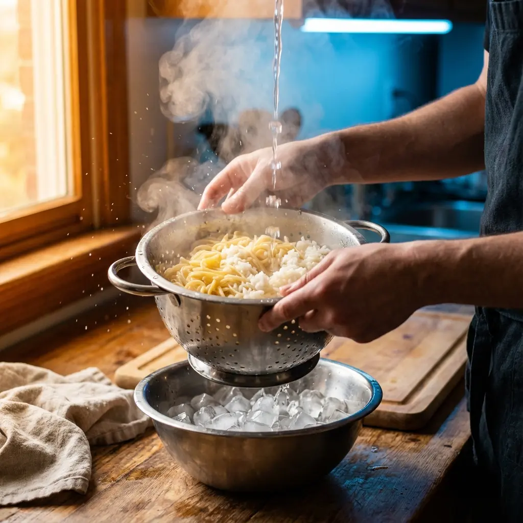 This vibrant kitchen scene captures a person's hands holding a metal colander filled with steaming, cooked noodles and white rice. Fresh water streams down onto the food, causing visible splashes and clouds of steam to rise, indicating the food is hot. Beneath the colander, a large metal bowl brimming with ice cubes and water suggests the food is being rapidly cooled or rinsed. The action unfolds on a warm, rustic wooden countertop, with a sunlit window bathing the left side of the frame in natural light and a modern kitchen area with blue lighting visible in the background.

Keywords: Kitchen, cooking, food preparation, hands, colander, noodles, rice, water, steam, ice bath, ice cubes, metal bowl, wooden countertop, window, cooling, rinsing, culinary, apron, domestic, rustic.