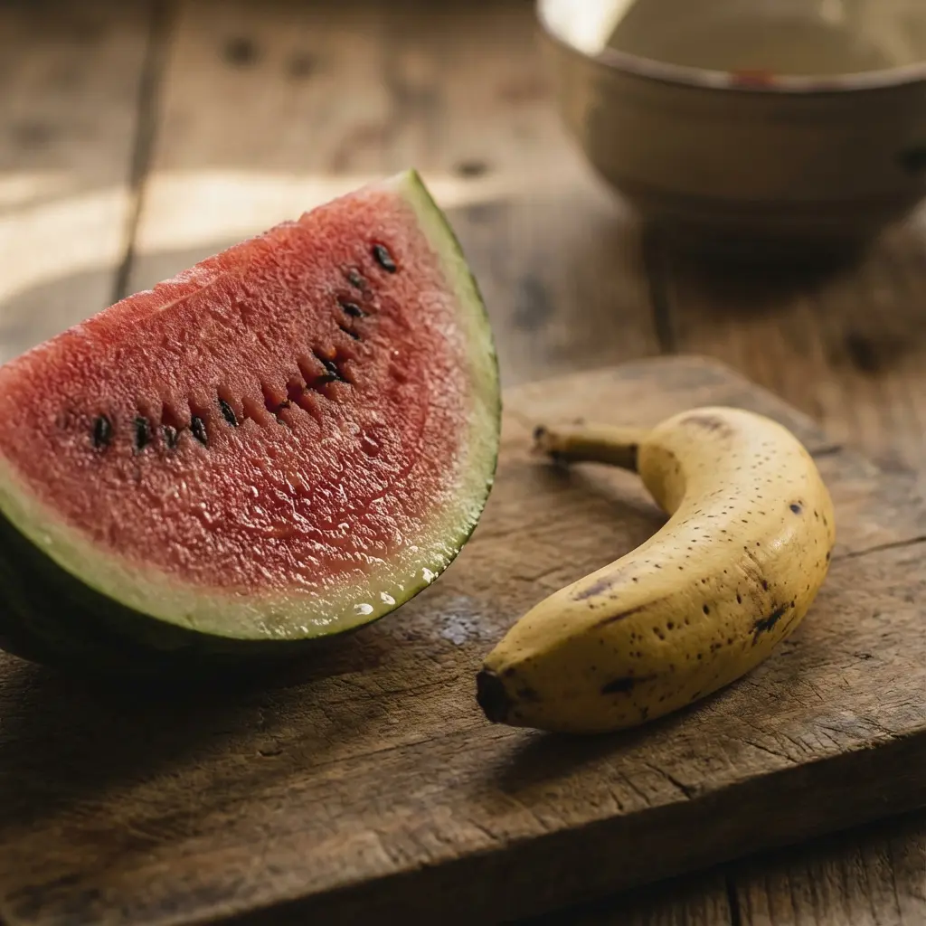 This close-up image features a vibrant slice of watermelon and a ripe banana resting on a textured wooden surface. The triangular watermelon slice, positioned on the left, showcases its deep red, juicy flesh, interspersed with several dark seeds, and is bordered by a crisp green rind. Drops of moisture glisten on its surface, emphasizing its freshness. To the right, a single, curved yellow banana displays numerous small brown speckles, indicating its ripeness. The rustic wooden board, with its visible grain and subtle shadows from soft natural light, grounds the composition, while a blurry ceramic bowl hints at a background setting.

Keywords: Watermelon, banana, fruit, fresh, ripe, juicy, red, yellow, green, seeds, wooden board, rustic, cutting board, healthy snack, natural light, food, still life, produce, delicious, summer.