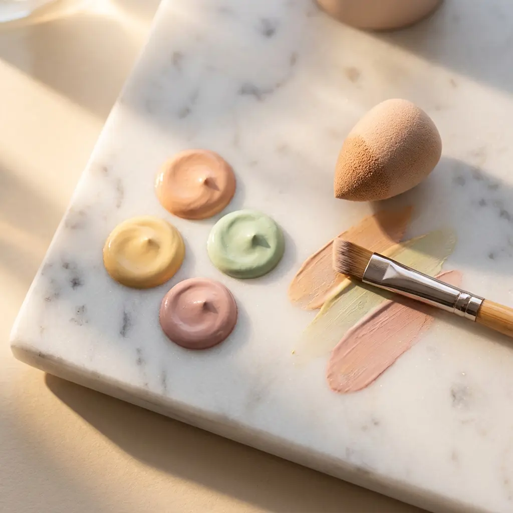 This image depicts a pristine flat lay featuring various makeup products and tools arranged on a white marble surface. Four distinct circular blobs of creamy color corrector are prominently displayed, showcasing pastel shades of peach, yellow, mint green, and light pink. To the right, a makeup brush with a natural bamboo handle and silver ferrule rests upon delicate swipes of similar color-correcting products. A light beige, teardrop-shaped beauty blender, appearing slightly used with a darker tip, is positioned above the brush, completing the collection of beauty essentials. The scene is illuminated by soft, natural light, highlighting the smooth textures of the products and the elegant veining of the marble.\n\nKeywords: Makeup, cosmetics, beauty, color corrector, primer, creamy texture, pastel colors, peach, yellow, mint green, pink, beauty blender, makeup sponge, makeup brush, bamboo handle, marble surface, product photography, flat lay, natural light, beauty tools.