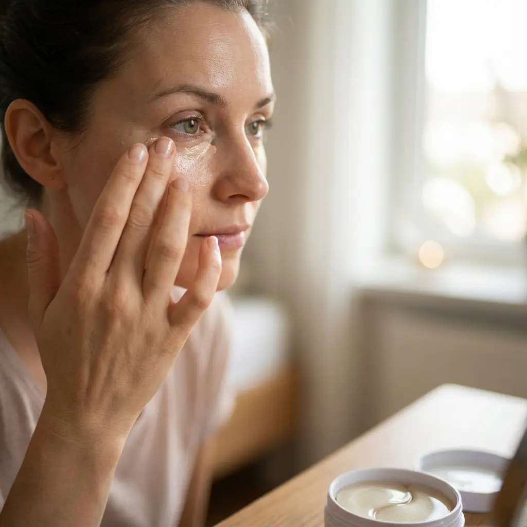 This image depicts a woman engaged in a focused skincare routine, gently applying a light-colored cosmetic product, likely an eye cream or concealer, under her right eye with her fingertips. Her hair is pulled back, highlighting her concentration as she looks towards a reflection, possibly in a mirror, which is partly visible on a wooden table. In the foreground, an open white jar containing several golden, crescent-shaped eye patches is prominently displayed, indicating the specific nature of her facial treatment. The soft, natural light from a window in the blurred background illuminates the scene, creating a serene atmosphere for her self-care ritual.\n\nKeywords: Woman, skincare, beauty routine, eye cream, under-eye patches, cosmetic application, self-care, facial treatment, reflection, mirror, fingers, natural light, indoor, focused, anti-aging, hydration, beauty product, youthful glow, pampering, health.