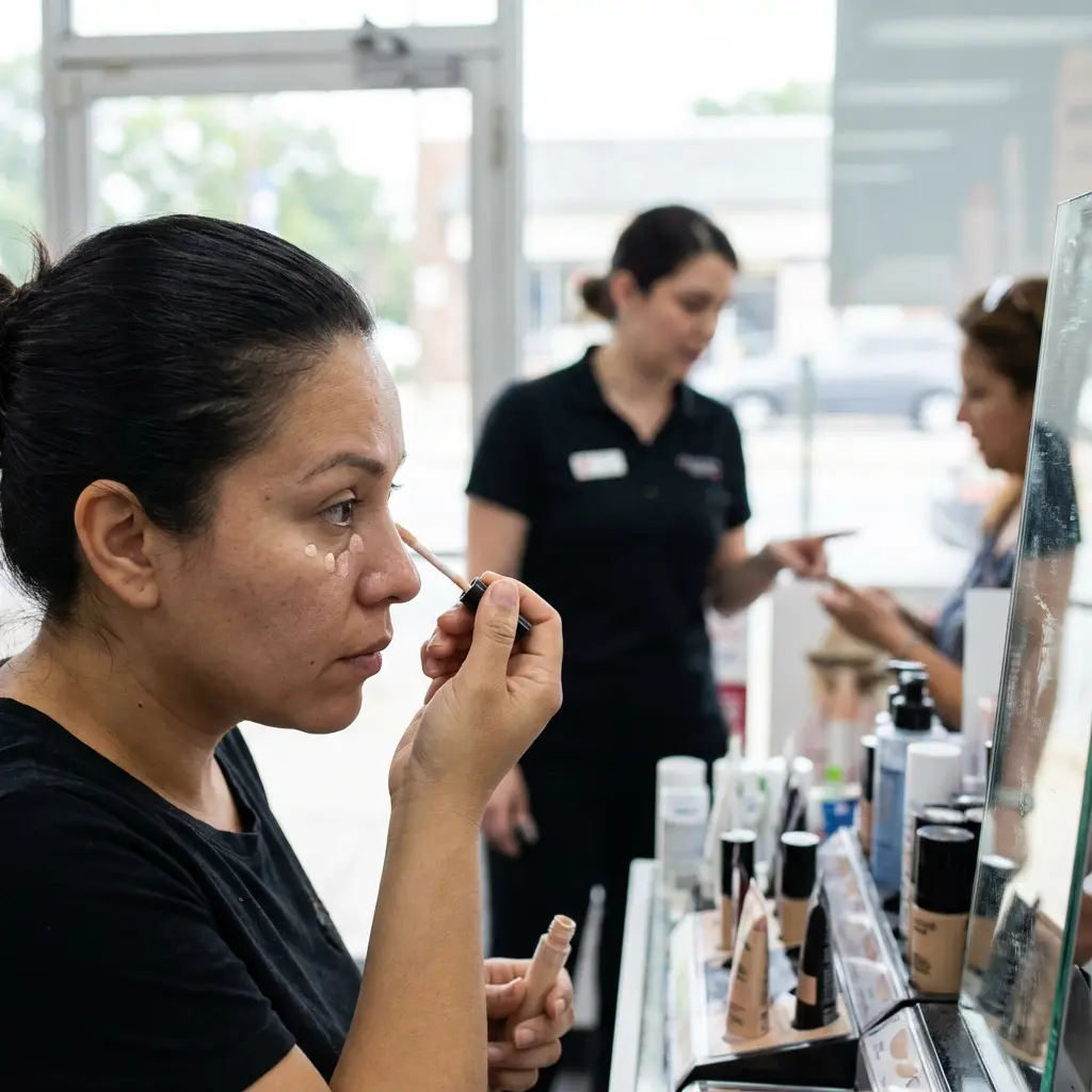 The main subject of the image is a woman applying liquid makeup, likely concealer or foundation, to her face using an applicator wand. Several distinct dots of a light-colored product are visible under her eyes and on her cheekbone, indicating she is in the process of blending it. The scene unfolds in what appears to be a beauty or makeup store, with a counter displaying various cosmetic products and a large mirror occupying the right side of the frame. In the background, two other women are visible: one, possibly an employee in a black uniform, gestures towards another woman who seems to be a customer browsing products.\n\nKeywords: Woman, makeup application, concealer, beauty store, cosmetics, customer, employee, mirror, applicator wand, foundation, shopping, beauty products, retail, personal care, display counter, under-eye, blending, assistance.
