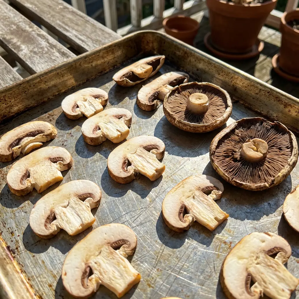 The image features a collection of sliced and whole cremini or portobello mushrooms neatly arranged on a well-worn, rectangular metal baking sheet. Most of the mushrooms are cut lengthwise, revealing their creamy white flesh and intricate gill structures, while a few larger ones are turned over to prominently display their dark, radial gills and central stems. Strong, natural sunlight from the upper left casts distinct, elongated shadows across the scratched metallic surface of the tray, highlighting the textures of both the mushrooms and the tray. In the blurred background, wooden planks of what appears to be a deck or railing, along with several terracotta potted plants, suggest an outdoor or balcony setting, perhaps hinting at preparation for a meal or air-drying.

Keywords: Mushrooms, sliced mushrooms, cremini, portobello, raw food, metal tray, baking sheet, sunlight, shadows, outdoor setting, wooden railing, terracotta pots, rustic, food preparation, cooking ingredients, natural light, healthy eating, fresh produce.