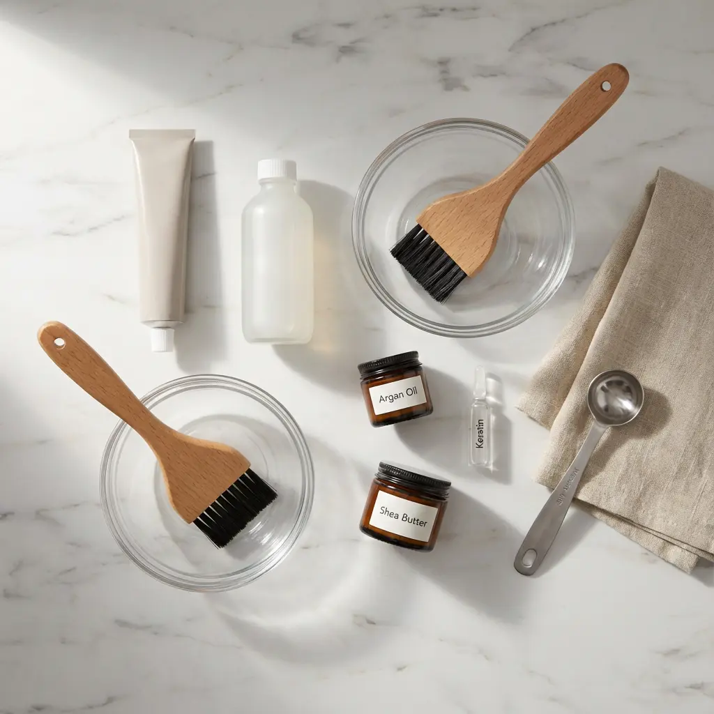This overhead shot displays a pristine collection of beauty and skincare preparation items neatly arranged on a white marble countertop. Two clear glass mixing bowls are prominently featured, each paired with a wooden-handled application brush featuring black bristles, suggesting their use for stirring and applying cosmetic treatments. Essential ingredients are present in small amber jars, clearly labeled "Argan Oil" and "Shea Butter," alongside a slender glass vial containing "Keratin," emphasizing natural and beneficial components. Completing the setup are a beige squeeze tube (likely containing a cream or conditioner), a frosted white bottle (perhaps for a liquid base), a stainless steel measuring spoon, and a soft linen cloth, all indicative of a carefully prepared and measured cosmetic treatment.

Keywords: Skincare, beauty preparation, Argan oil, Shea butter, Keratin, mixing bowls, application brushes, cosmetic ingredients, marble surface, DIY beauty, hair mask, face mask, natural products, personal care, clean aesthetic, measuring spoon, glass jars, wooden handles, home spa.