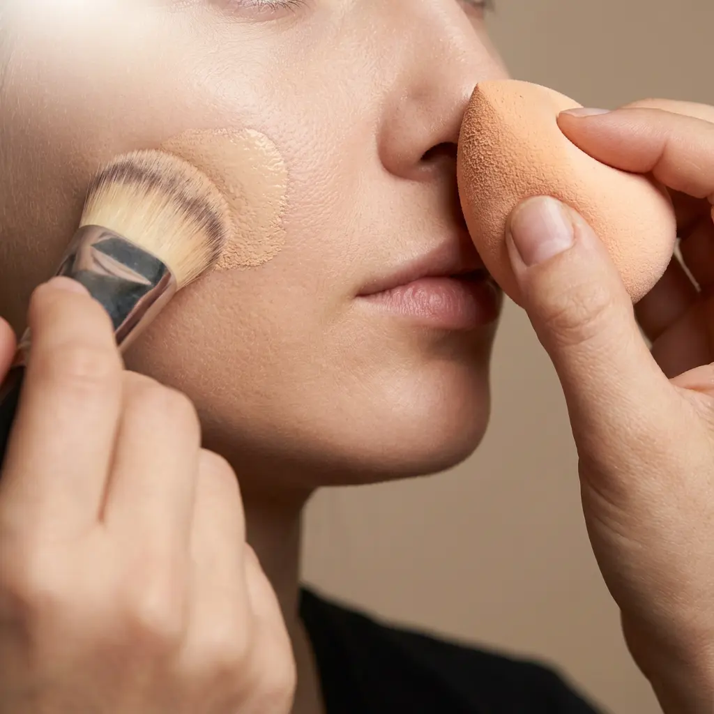 This close-up image depicts a person actively engaged in applying makeup to their face. On the left, one hand uses a fluffy foundation brush with a metallic ferrule to blend a dollop of light beige liquid foundation onto the cheek, showing the product in mid-application. Simultaneously, on the right, the other hand holds an orange, teardrop-shaped makeup sponge, pressing it against the side of the nose, likely for blending or applying another product. The focus is on the detailed actions of a beauty routine, showcasing the tools and techniques used to achieve an even complexion.

Keywords: Makeup, foundation, application, beauty, cosmetics, brush, sponge, blending, face, cheek, nose, skin, hands, routine, close-up, beige, orange, complexion, person, beauty routine.